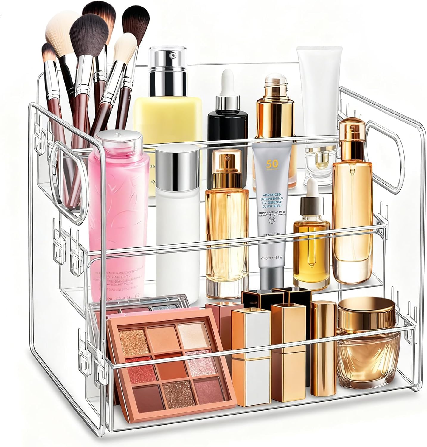 Hasthip Desk Organizer Case Makeup Cosmetic Storage Box, Open Stepped 3Tier Organizer With Handle, Clear Pp Multipurpose Deskto
