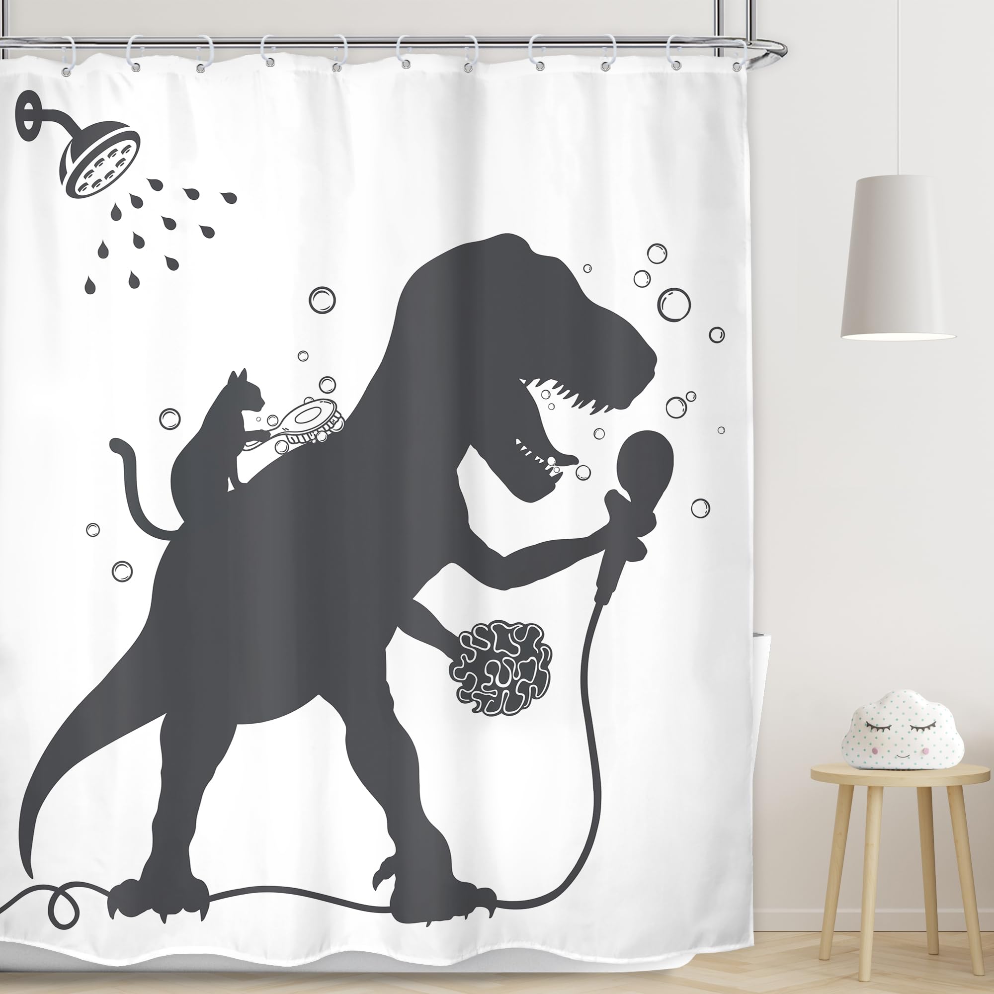 Lghtyro Kids Funny Dinosaur Shower Curtain Bathroom Set 60Wx71H Inches Boys Dino Cat Trex Raptor Animal Shadow Silhouette Bath C