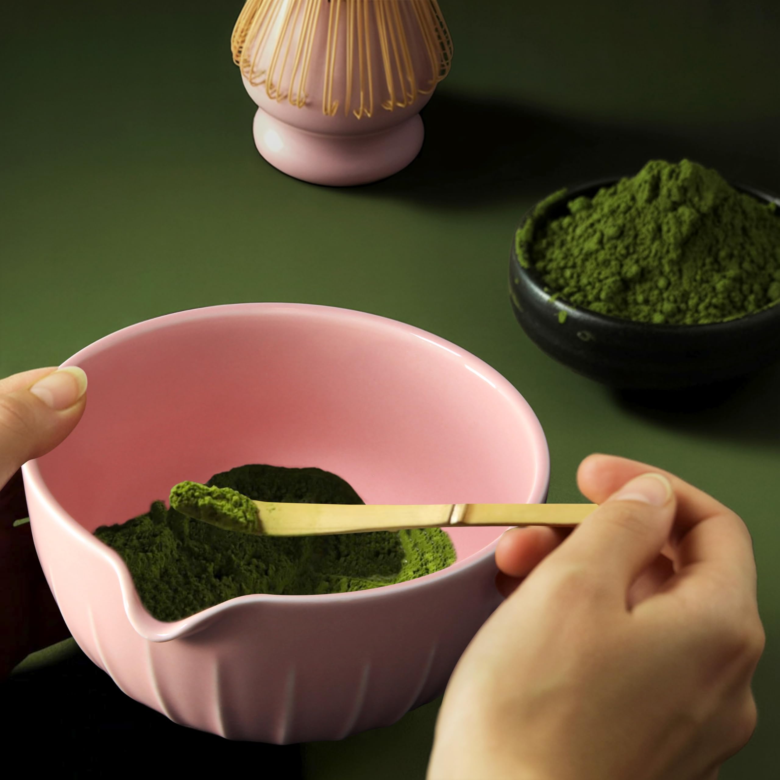Matcha Whisk Set 7 Pcs - Ceramic Matcha Set with Bowl, Whisk, Holder, Bamboo Scoop, Rest, Sifter, and Tea Towel - Elegant Matcha