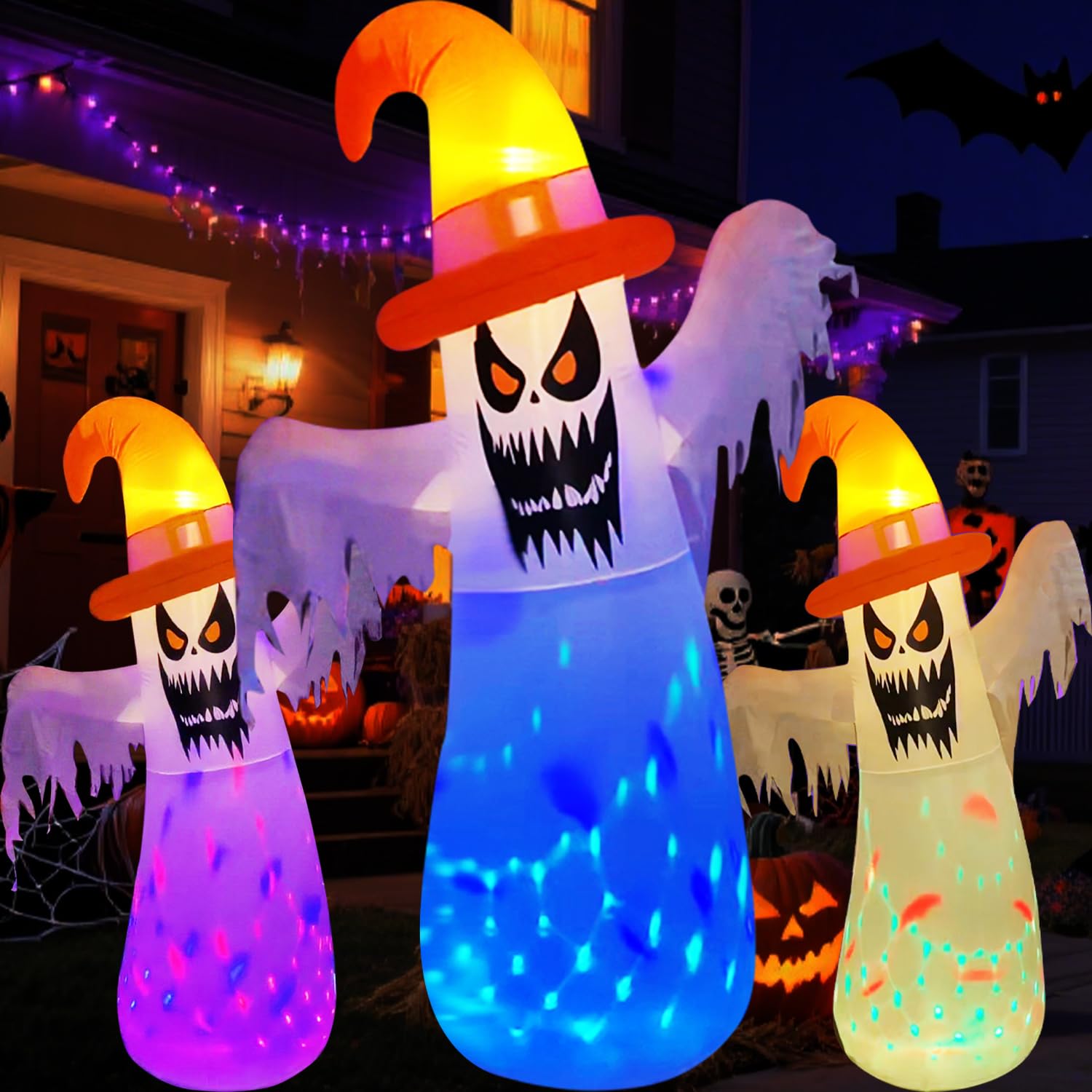 JUST FOR PARTY 8.2 Ft Halloween Inflatable Giant Ghost Outdoor Decorations, Blow Up Spooky Wizard Ghost with Yellow Cap and Buil