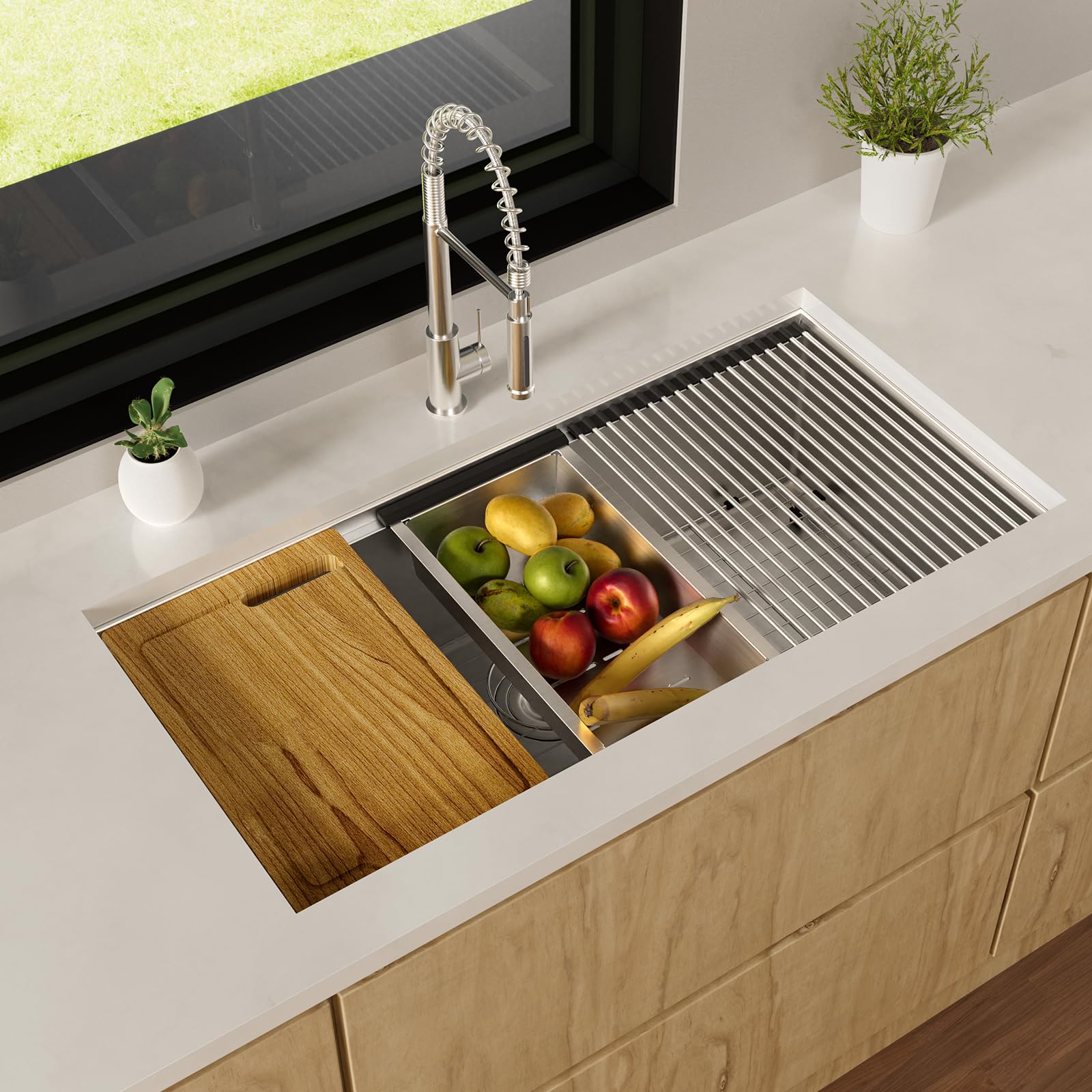 36 Inch Workstation Kitchen Sink,Tecasa Undermount Deep Single Bowl, 16 Gauge Stainless Steel With Integrated Ledge And Accessor