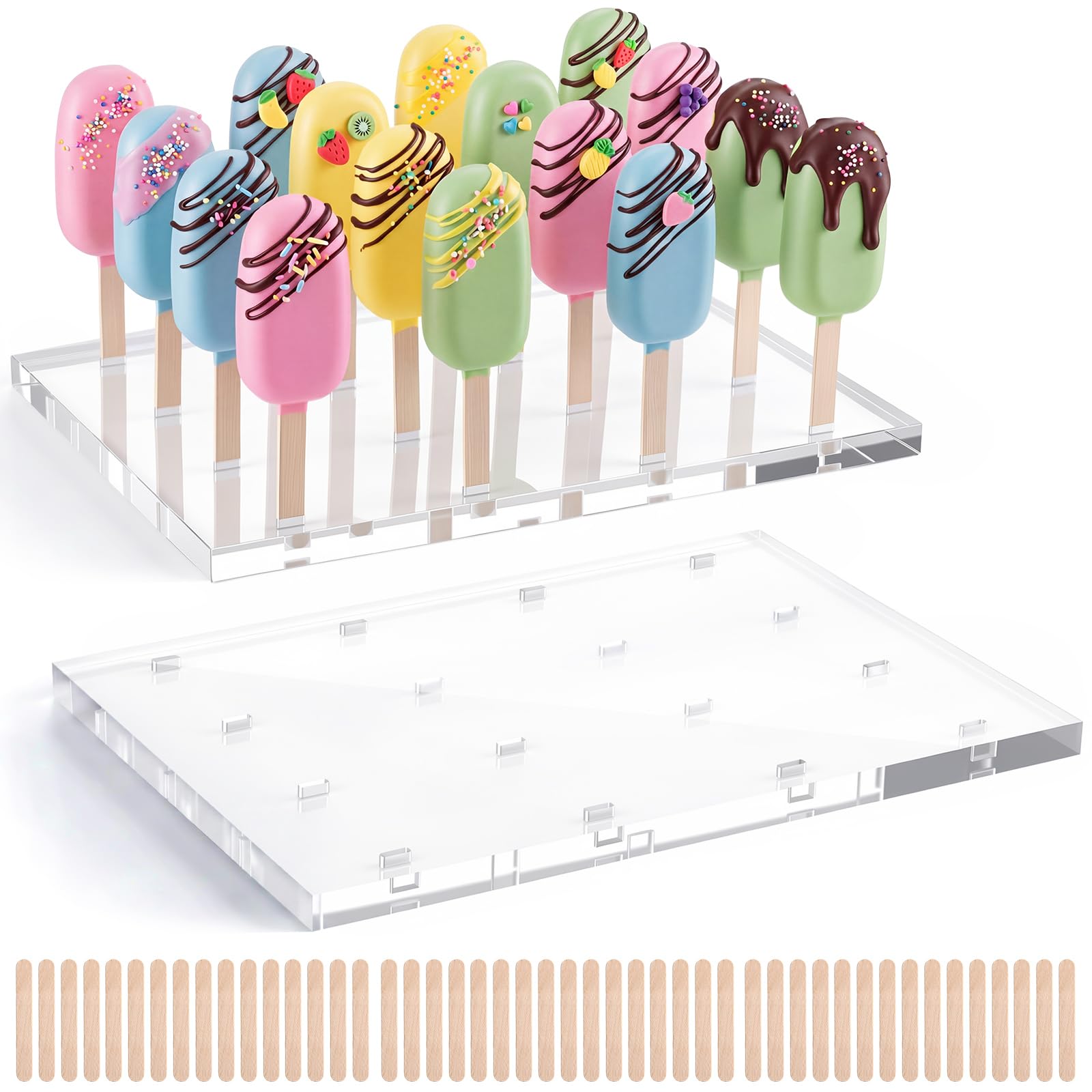 Geetery Cakesicle Stand Display Acrylic Cake Pop Stand Reusable Cake Pop Holder Clear Lollipop Holder and 100 Pcs Wood Ice Cream