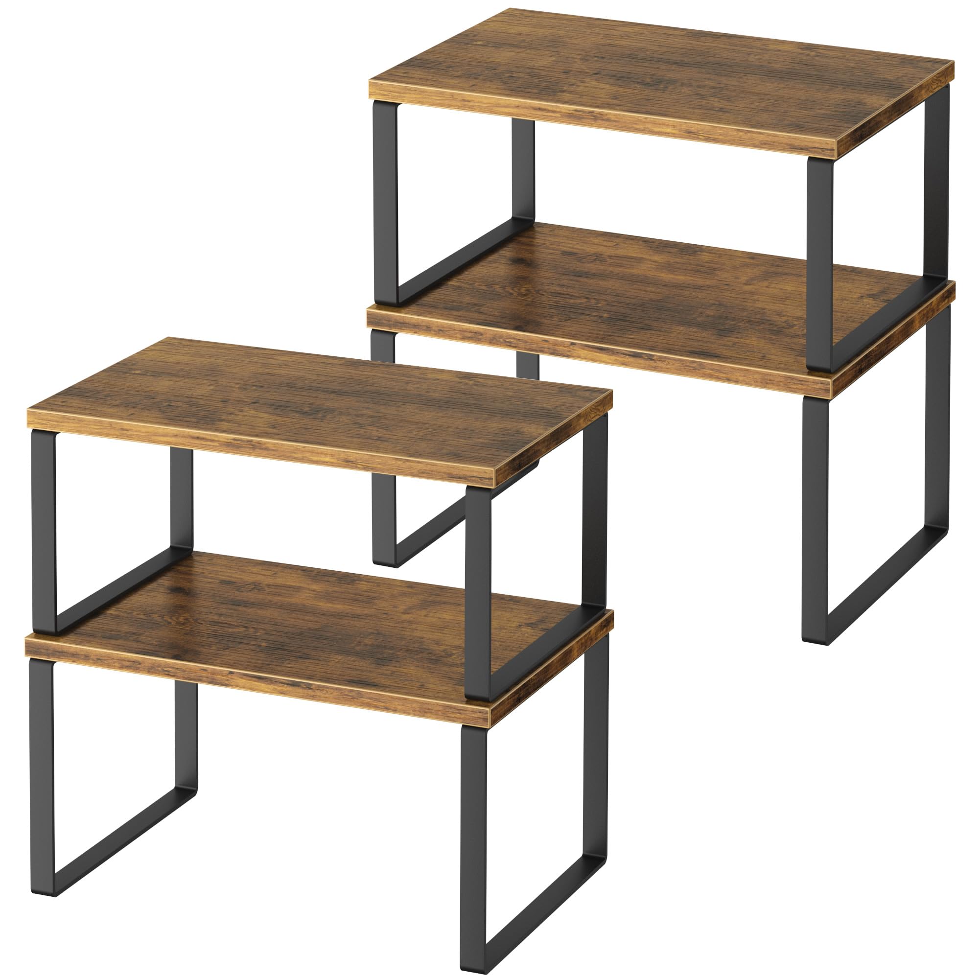 STAFOPO Kitchen Cabinet Organizer Shelf, Set of 4 Wood Kitchen Counter Shelves Riser with Metal Legs, Stackable Expandable Kitch