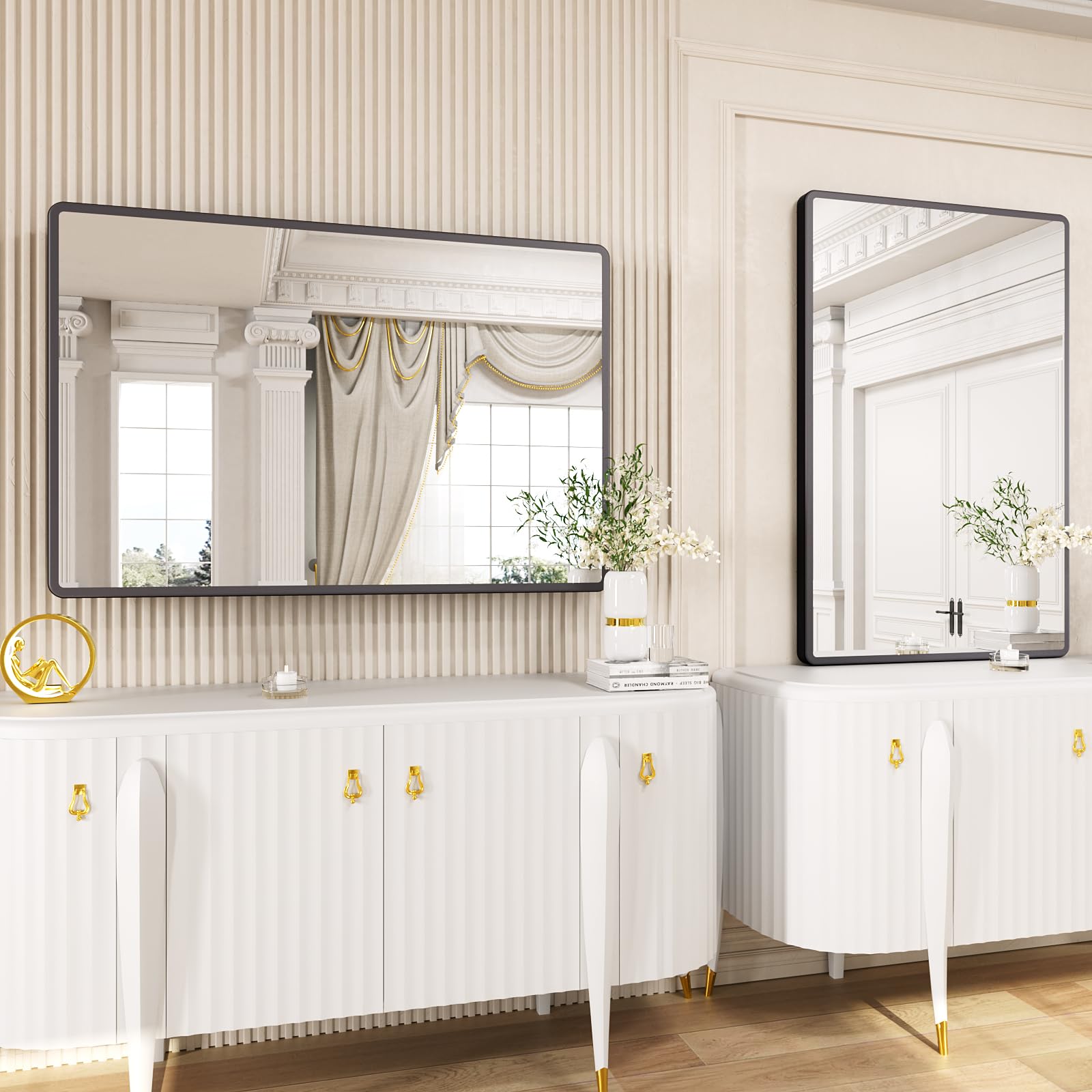 Pertetey New Upgrade 28X36 Inch Wall Mounted Bathroom Mirror, Black Metal Frame Rounded Rectangle Mirror, Bathroom Vanity Mirror