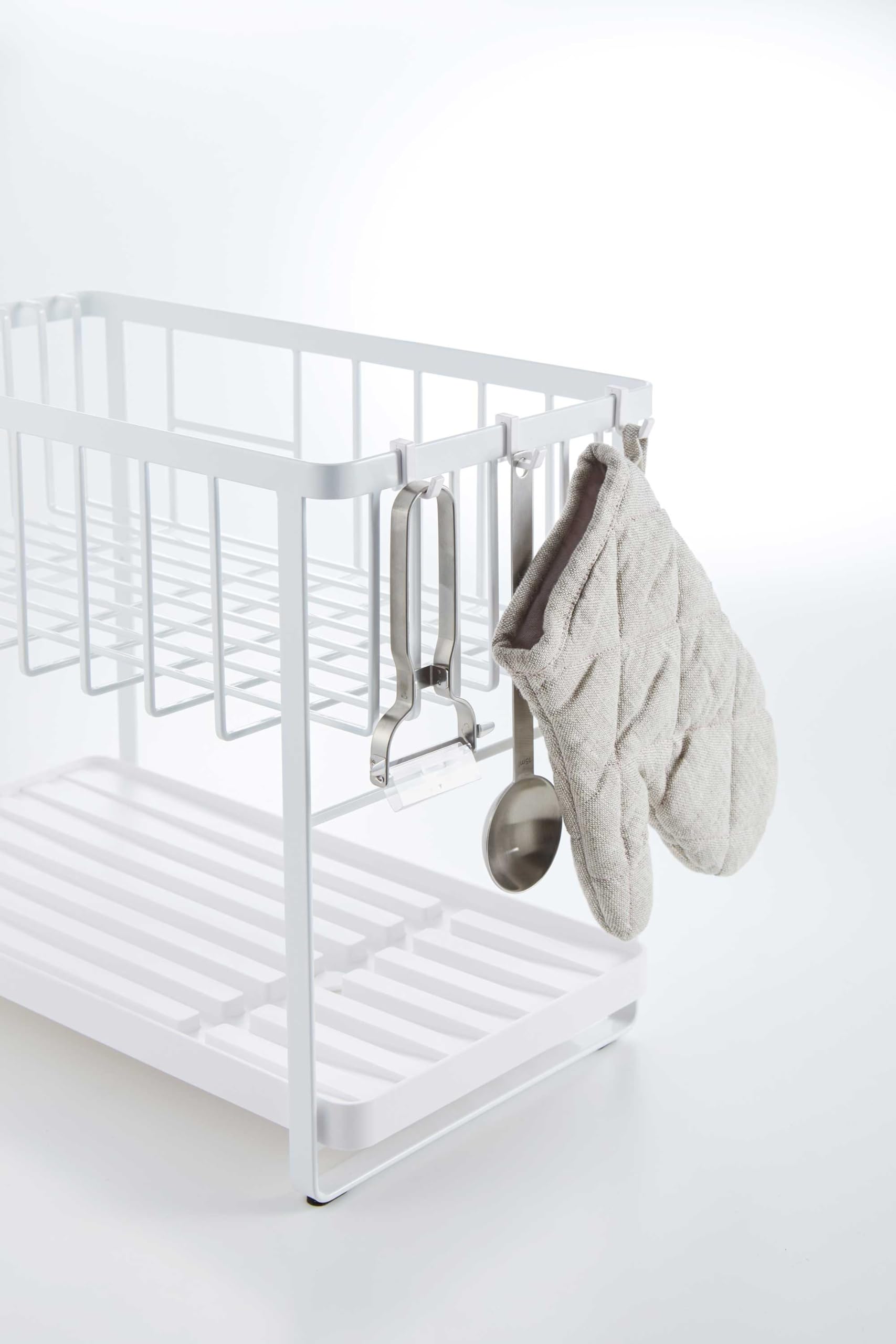 Yamazaki Home Two-Tier Adjustable Dish Drainer Rack, Compact Drying Rack With Hooks, Utensils Holder, Steel, Draining Spout, Wat