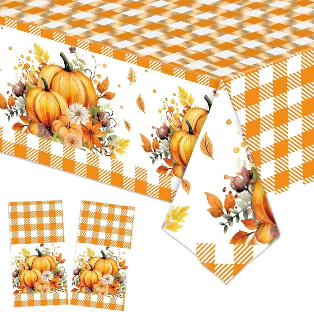 Thanksgiving Plastic Tablecloth, 2 Pack Fall Autume Pumpkin Disposable Table Covers for Thanksgiving Party, 54 x 108 Friendsgivi