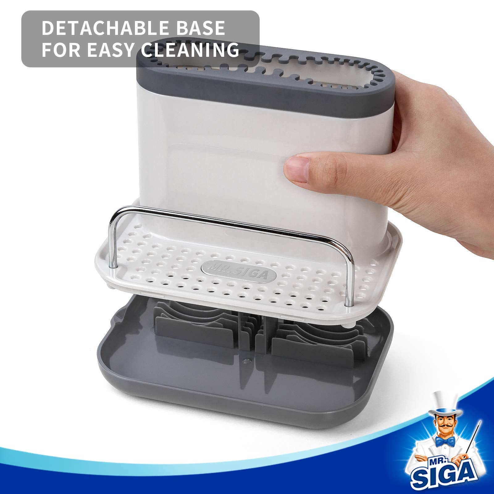 Mr.Siga Sink Caddy, Kitchen Sink Organizer Sponge Brush Holder With Drip Tray, White & Gray