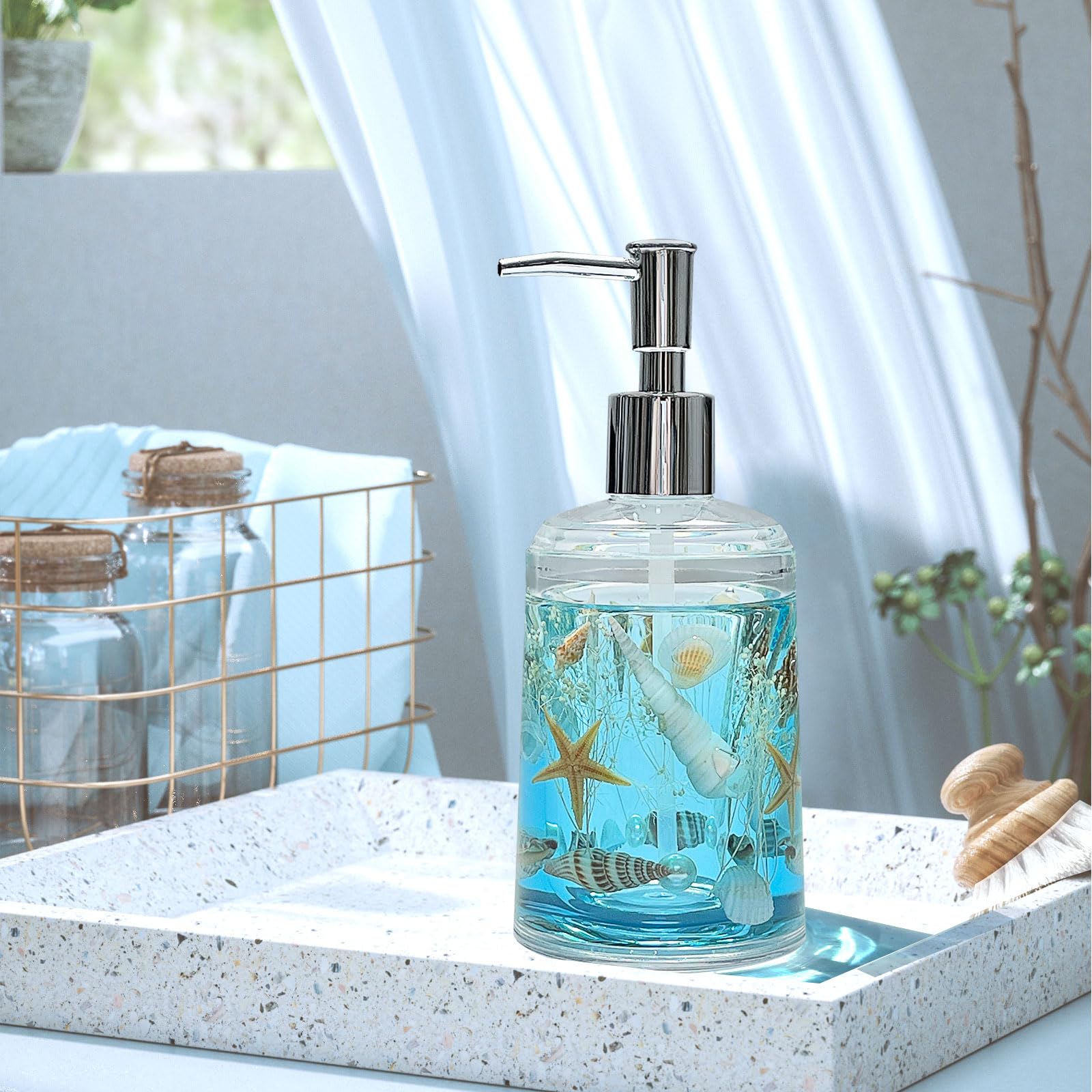 Fonmy Soap Dispenser With Pump Acrylic W/Nature Seashell Handmade Bathroom Hand Soap Dispenser, Kitchen Refillable Liquid Dispen
