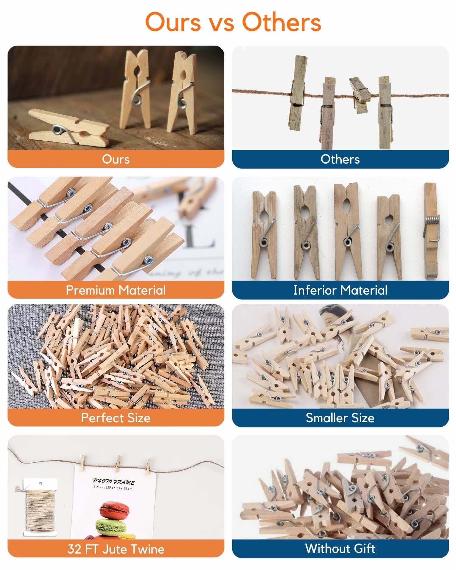 Mini Clothes Pins For Photo, Natural Small Wooden Clothespins 1 Inch Tiny Wood Decorative Clips Bulk, 33Ft Jute Twine And Clothe