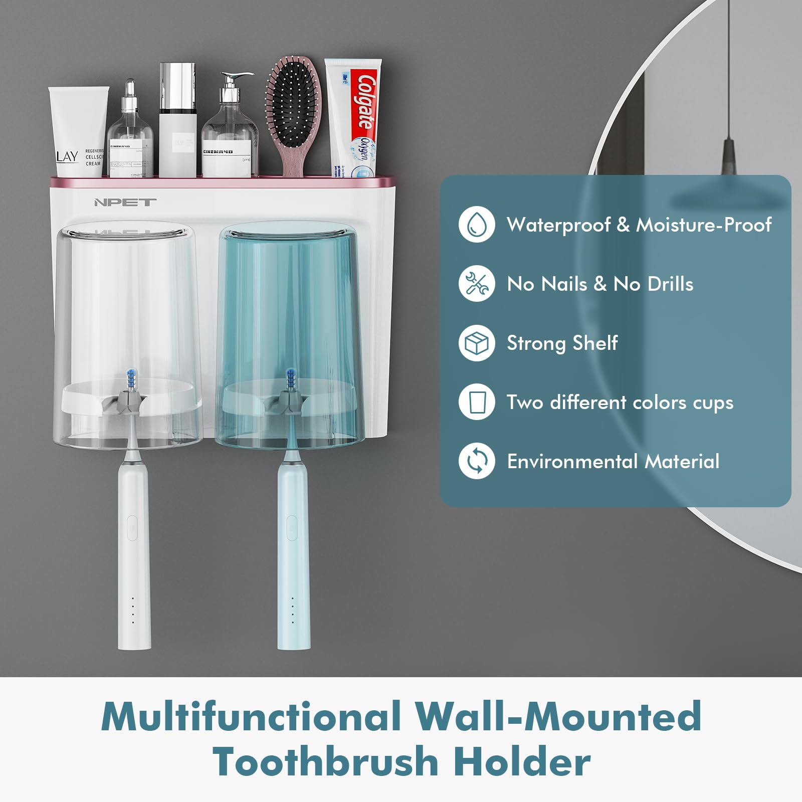 Npet Toothbrush Holder For Bathroom Accessories,2 Cups Toothbrush Holder Wall Mounted, Multi-Functional Toothbrush Holder Set Wi