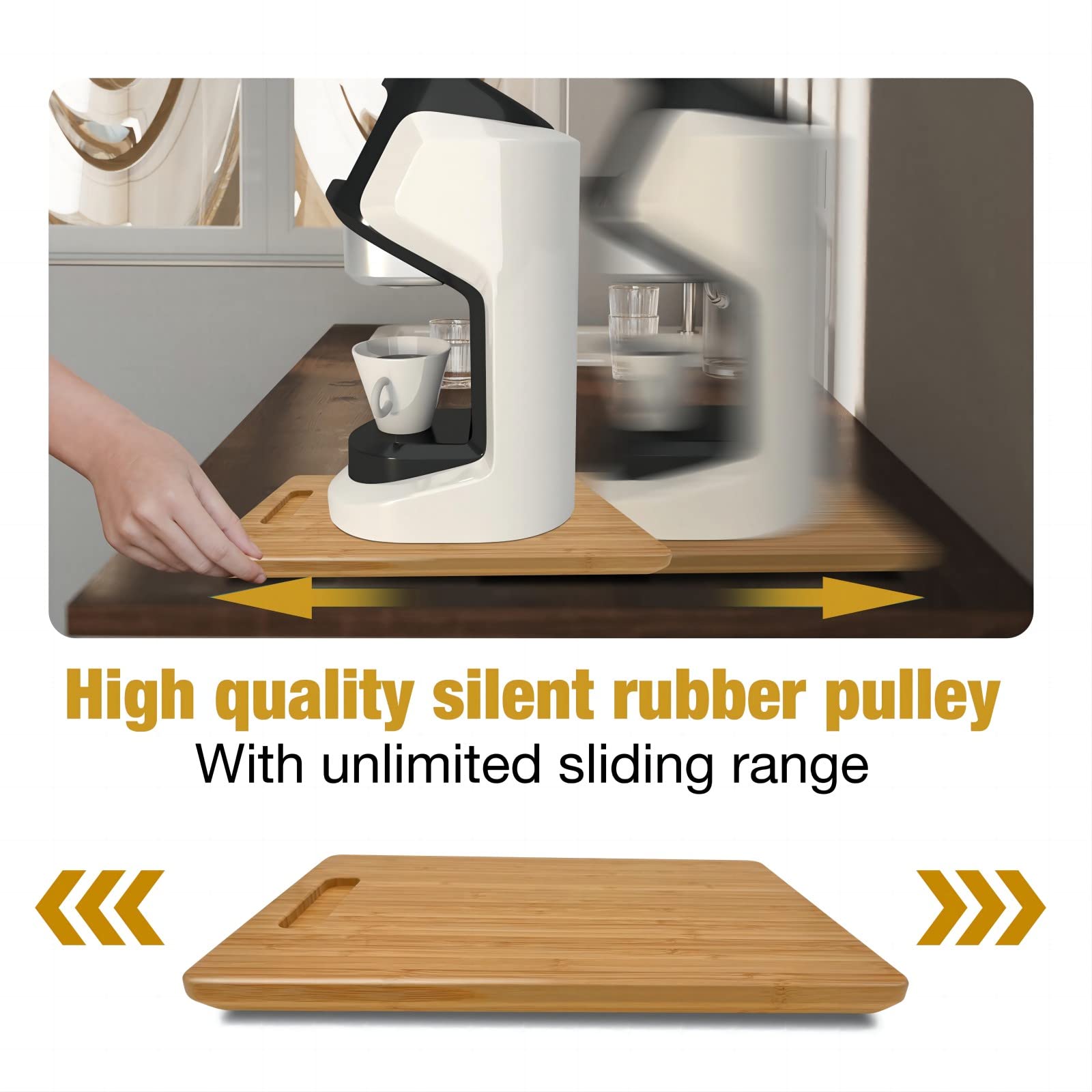 Bayting Bamboo Appliance Sliders For Kitchen Appliances, Sliding Tray With Silent Rubber Wheels For Coffee Maker, Kitchen Counte