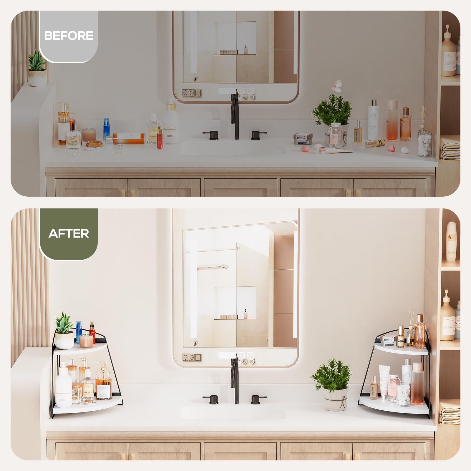 Puricon Bathroom Counter Organizer, 2 Tier Corner Countertop Storage Shelf Bathroom Sink Organizer, Wood Triangle Bathroom Organ