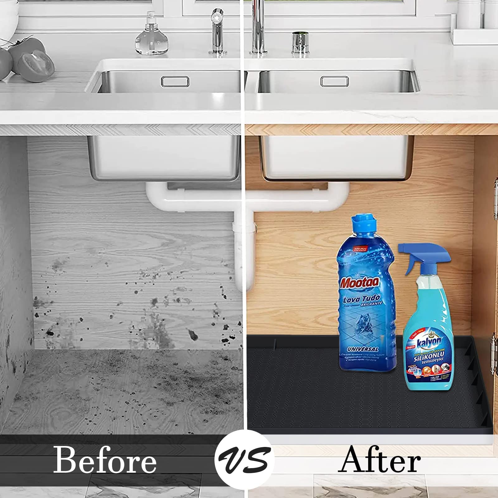 Under Sink Mat for Kitchen Waterproof  34'' x 22'' Silicone Under Sink Liner Mat with Drain Hole  Kitchen Bathroom Cabinet Liner Holds Over 2.2 Gallons  Under Sink Tray for Drips  Leaks  Spills(Black)