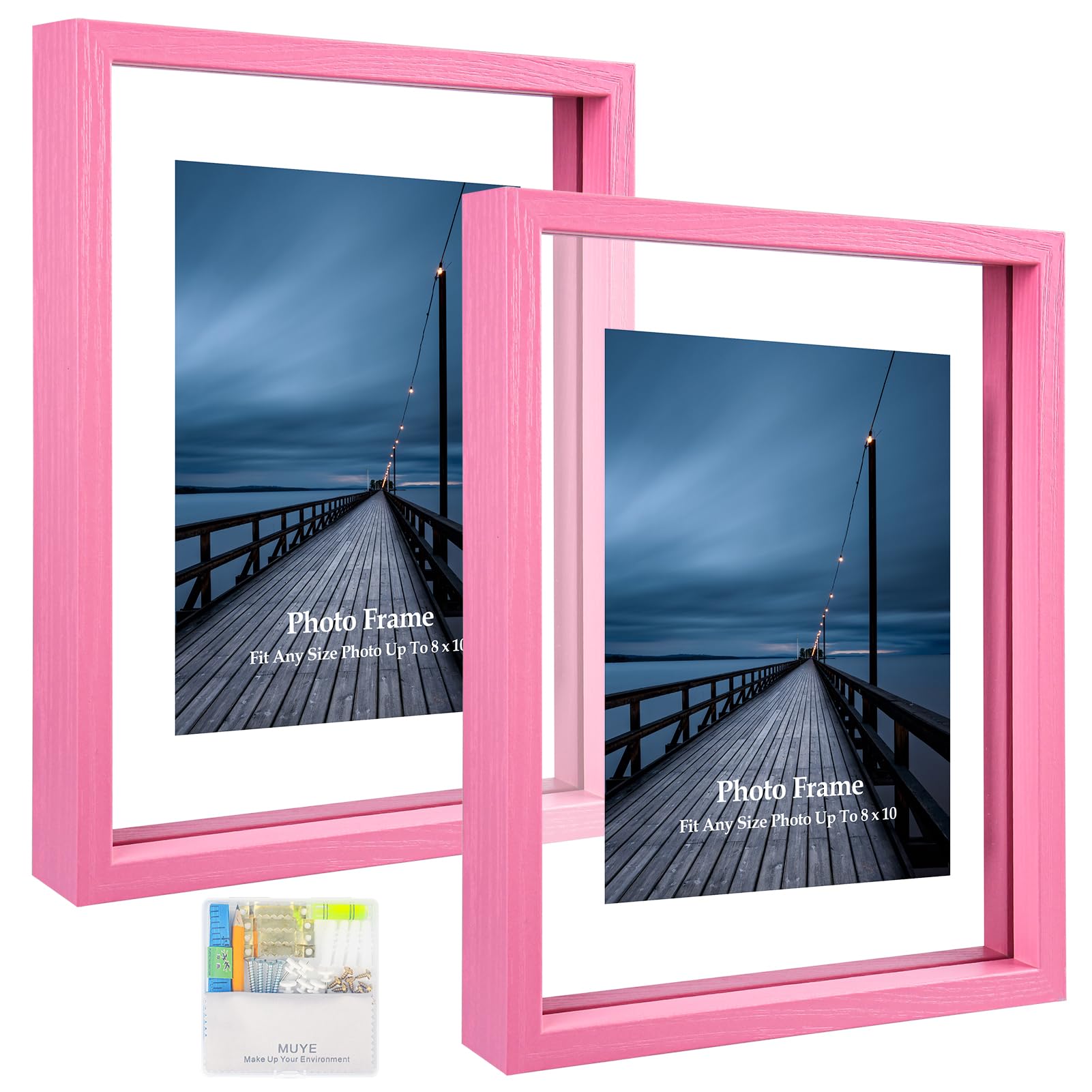 MUYE 8x10 Floating Frame Set of 2,Double Real Glass Photo Frame for Wall Hanging or Tabletop Standing,Display Any Size Photo up 