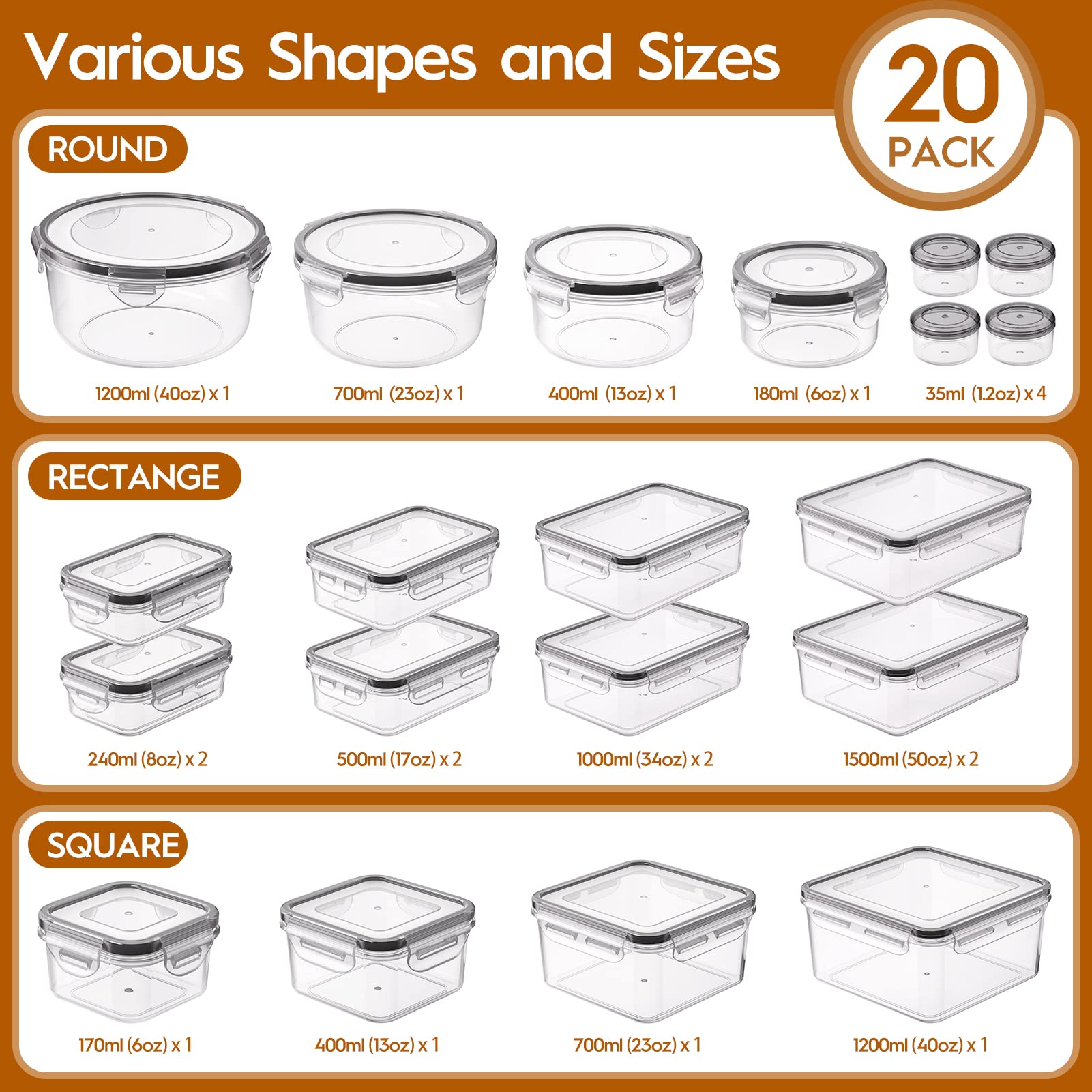 Kemethy 40 Pcs Food Storage Containers With Lids Airtight (20 Containers & 20 Lids), Plastic Meal Prep Container For Pantry & Ki