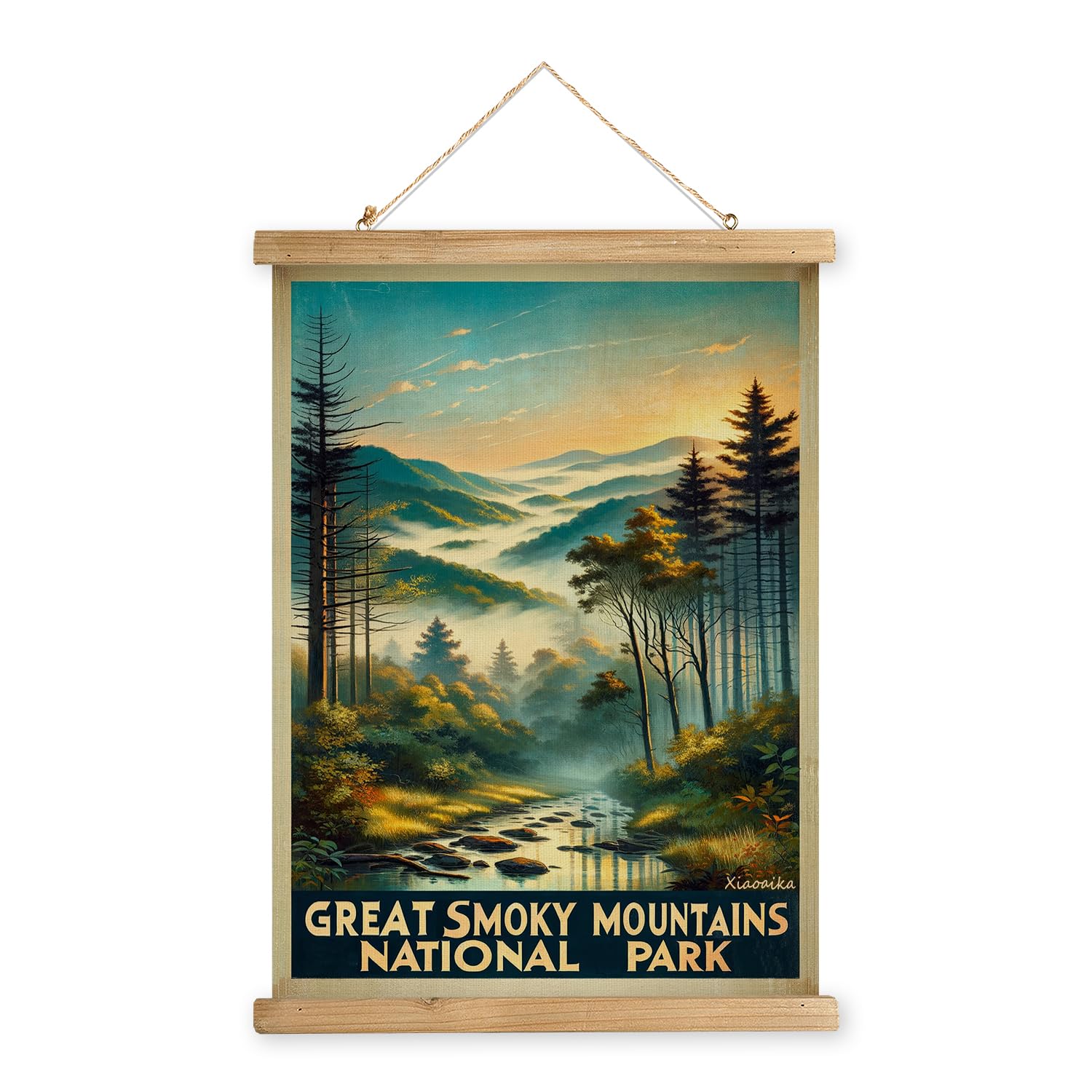 Xiaoaika Vintage Great Smoky Mountains National Park Travel Poster With Wooden Scroll Frame - Holiday Decoration Or Gift For Liv