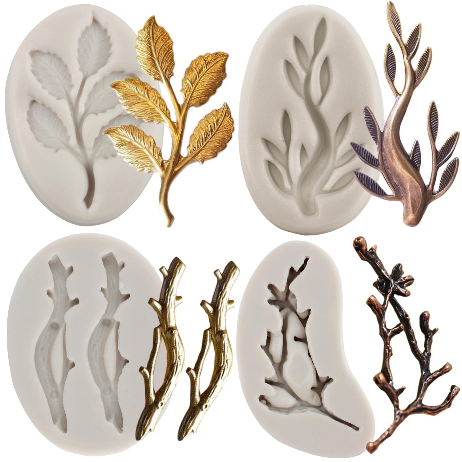 Minfeidms Tree Branch Silicone Mold Twig Branch Leaves Fondant Molds For Cake Decorating Cupcake Topper Chocolate Candy Gum Past