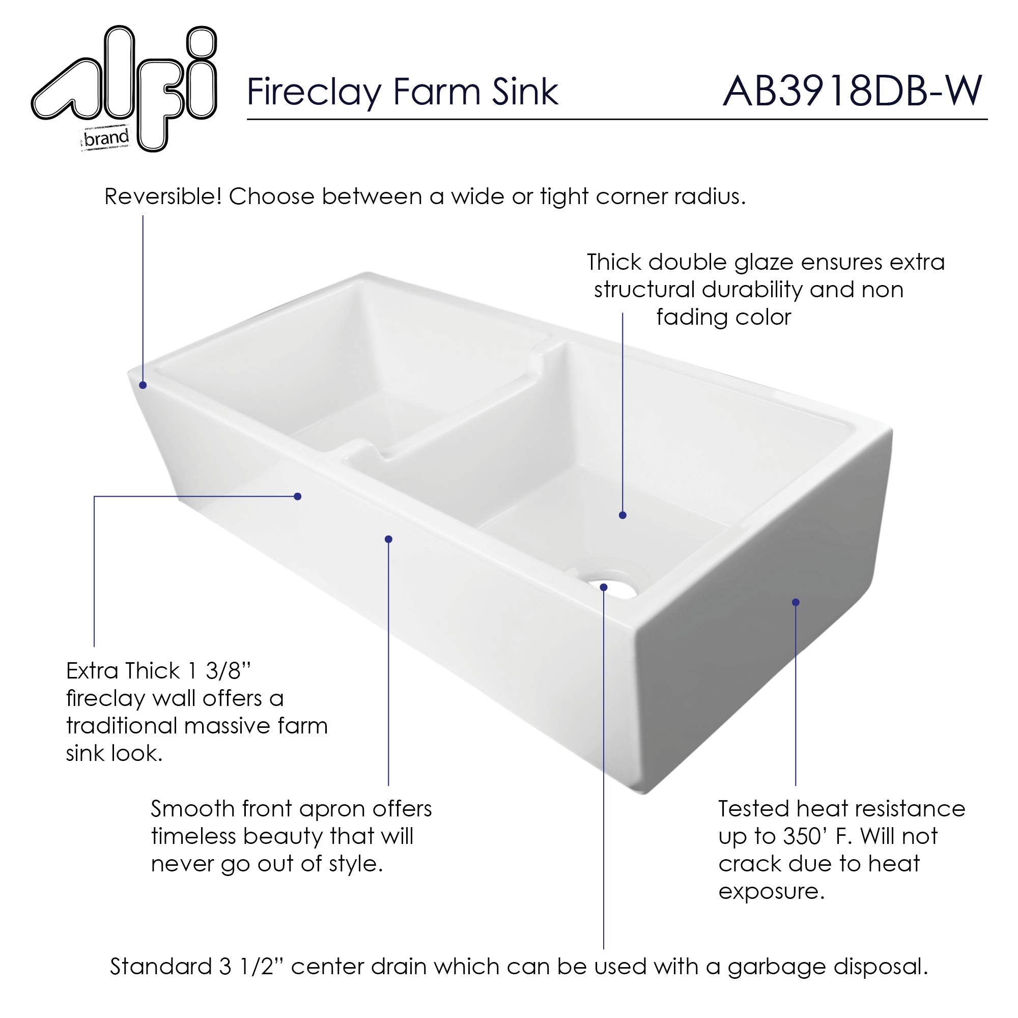 Alfi Brand Ab3918Db-W Smooth Thick Wall Fireclay Double Bowl Farm Sink, 39'', White