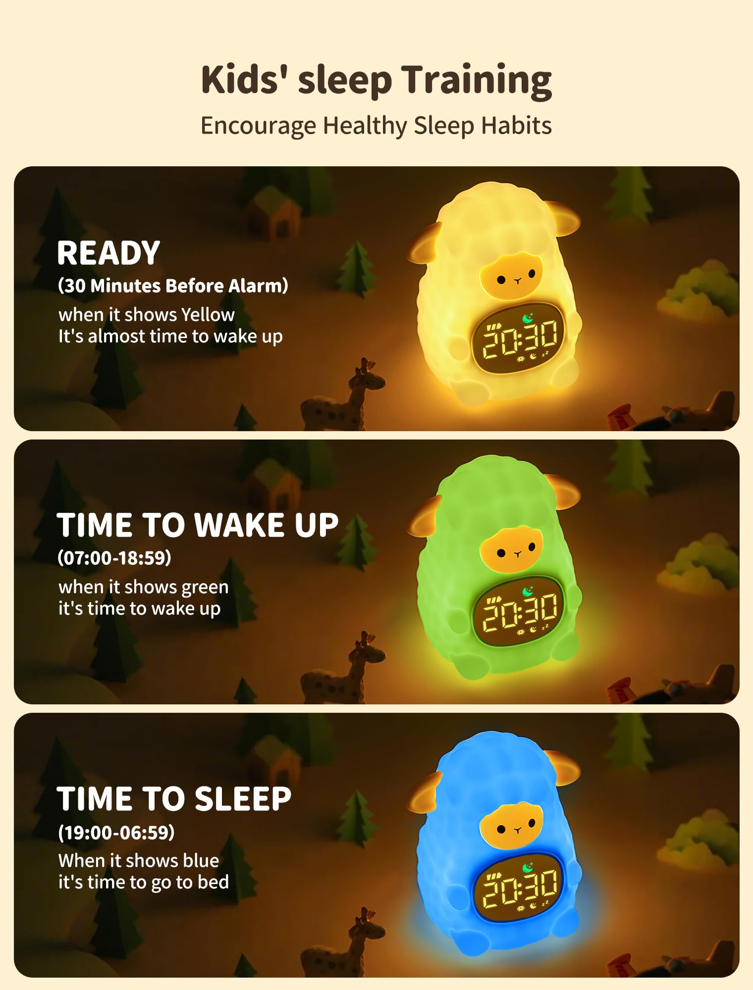 MASHI Sheep Alarm Clock, Toddler Sleep Training Clock with Sun & Moon, Sleep Sound Machine, Night Lights, Alarm Clock for Kids,