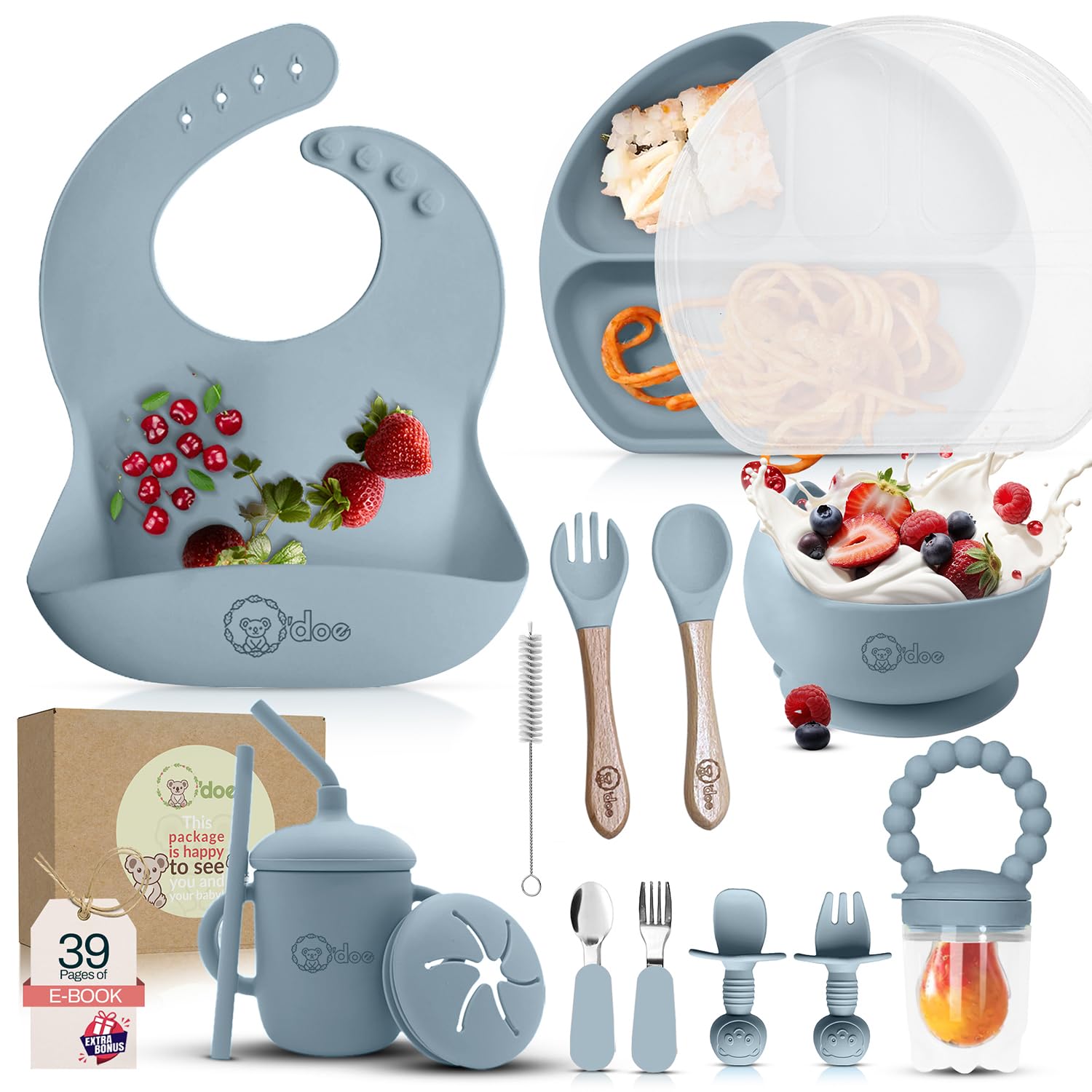 Odoe 17-Piece BPA-Free Silicone Baby Feeding Set | Thick & Soft Suction Plates, Baby Bowls, Wooden Fork & Spoon, and More | Mak