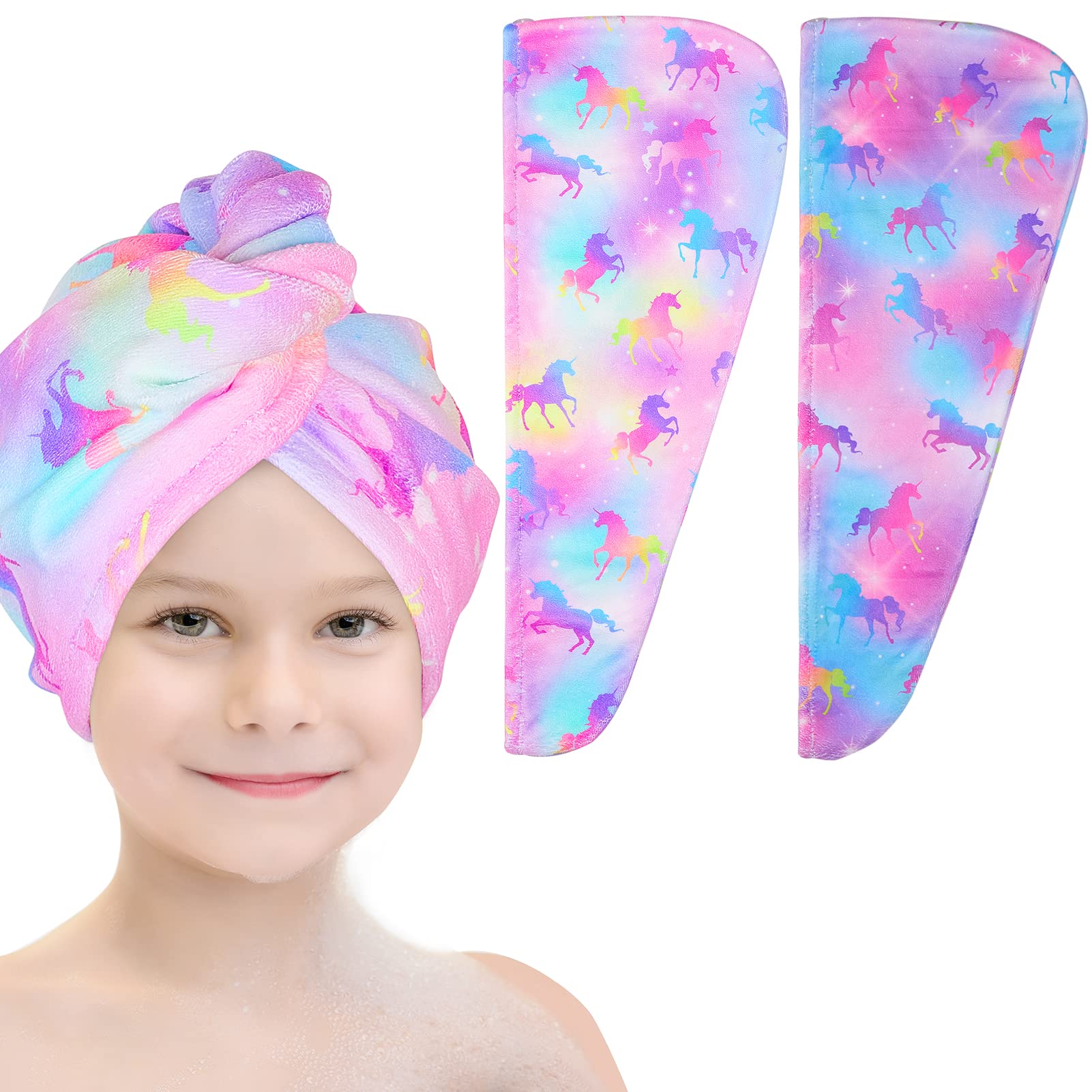 Basumee Microfiber Hair Towel Wrap for Kids 2 Pack Rapid Drying Hair Towel with Button Hair Turbans for Wet Hair Wraps Head Towe