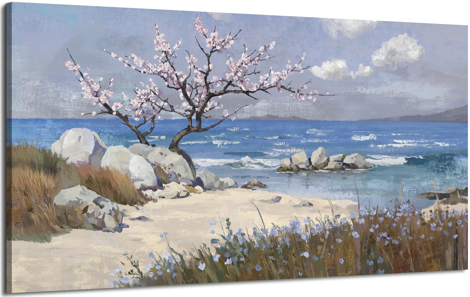 Amatop Large Coastal Wall Art Prints- Blue Ocean Beach Abstract Landscape Canvas Picture Pink Floral Tree Cherry Blossom Nature 