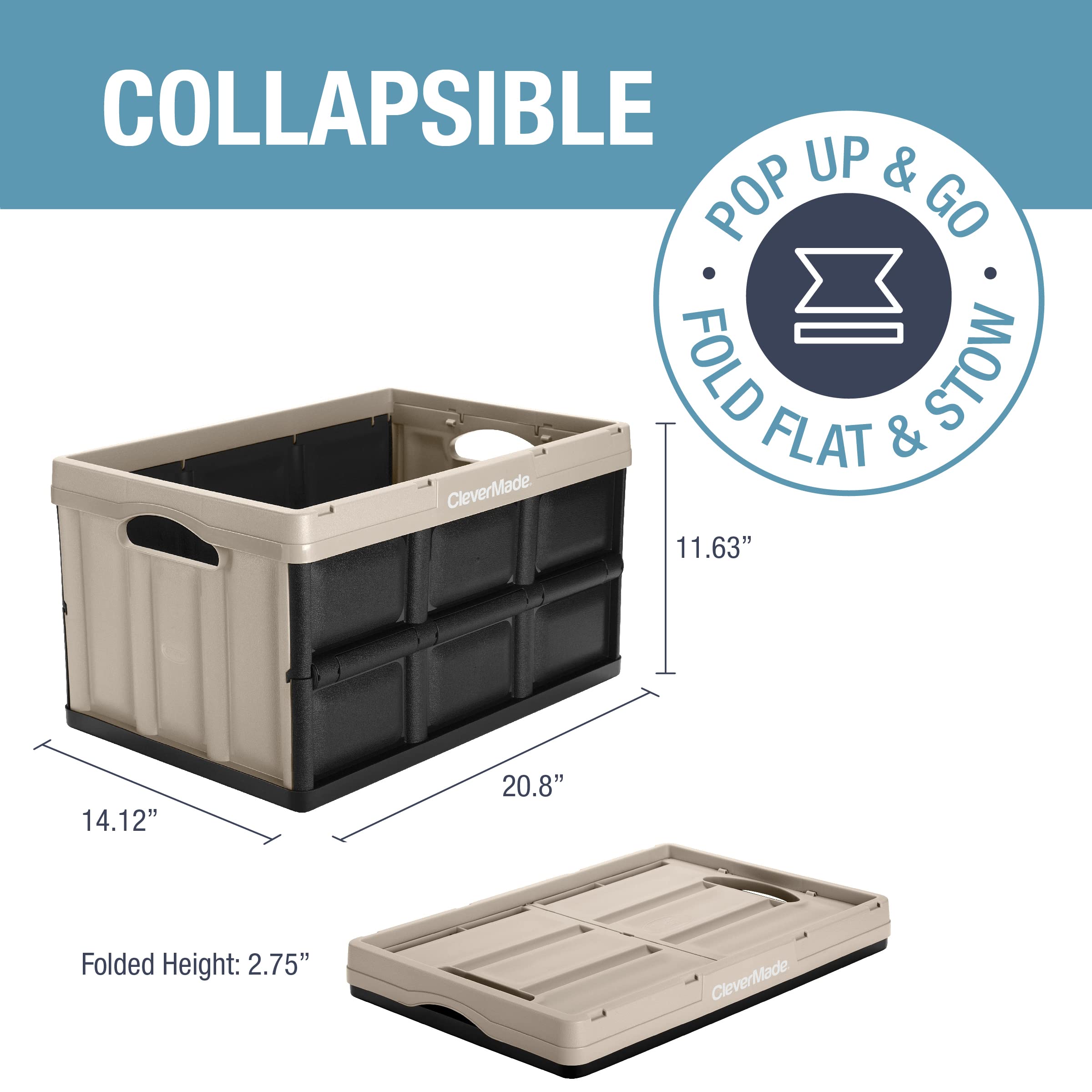 Clevermade Collapsible Storage Bin, Tan, 3Pk - 46L (12 Gal) Stackable Storage Containers, Holds 66Lbs Per Bin - Plastic Storage