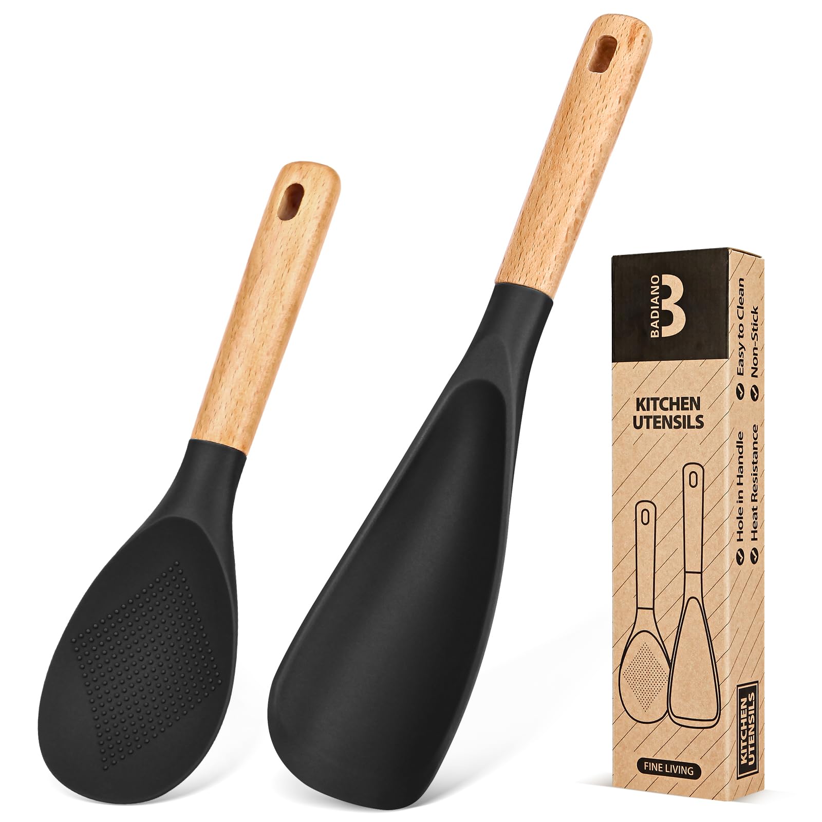 Cooking Spoon and Rice Scooper for Nonstick Cookwares, Great for Cooking and Serving Sturdy BPA-Free Matte Silicone, Wood Handle