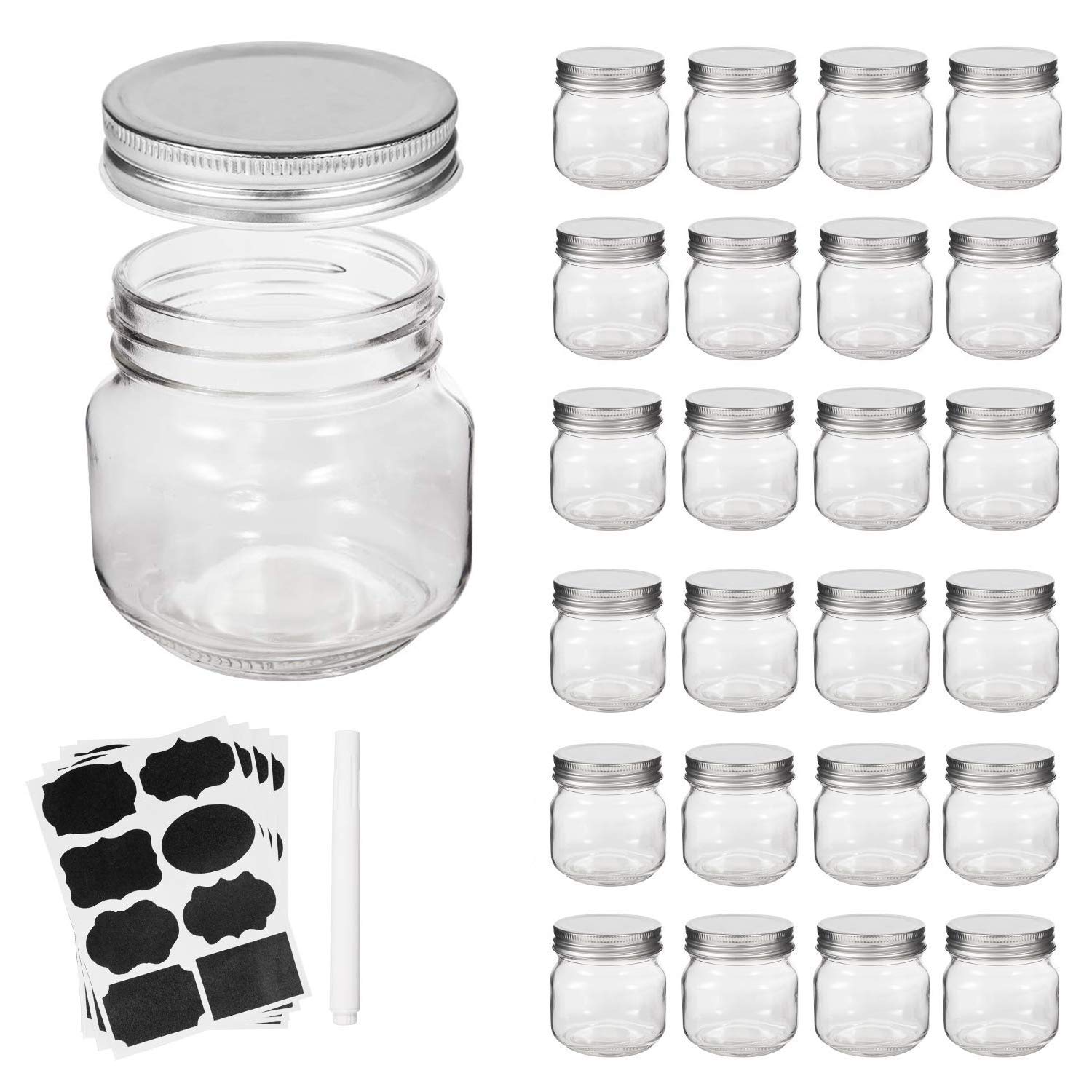 Accguan Mason Jars, Glass Jar 8Oz With Regular Lids And Bands(Silver), Ideal For Jam,Honey,Wedding Favors,Shower Favors, 24 Pack