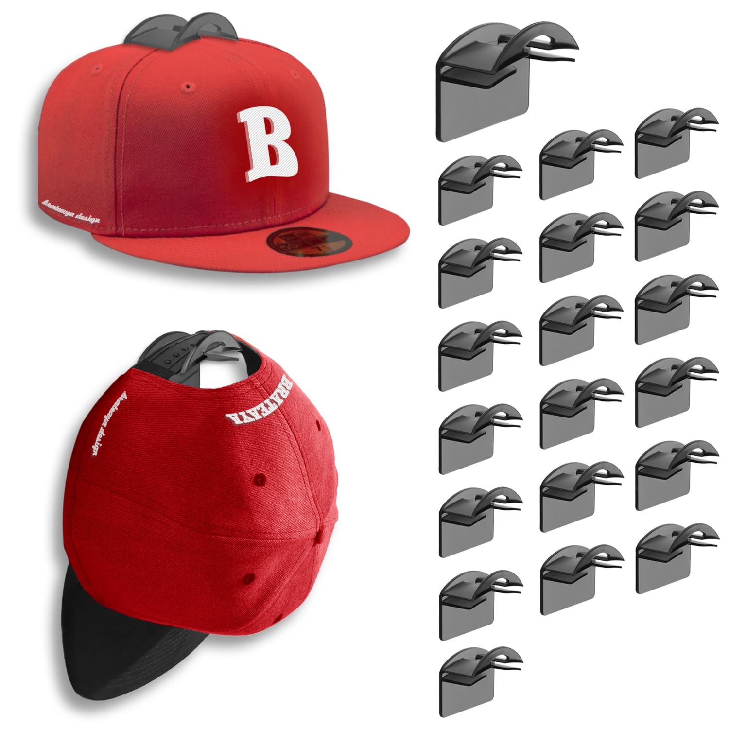 Brateaya Hat Hooks For Baseball Caps Wall Mount (20 Pack), 2 Different Ways Hat Racks To Organize & Display, Adhesive Hat Holder