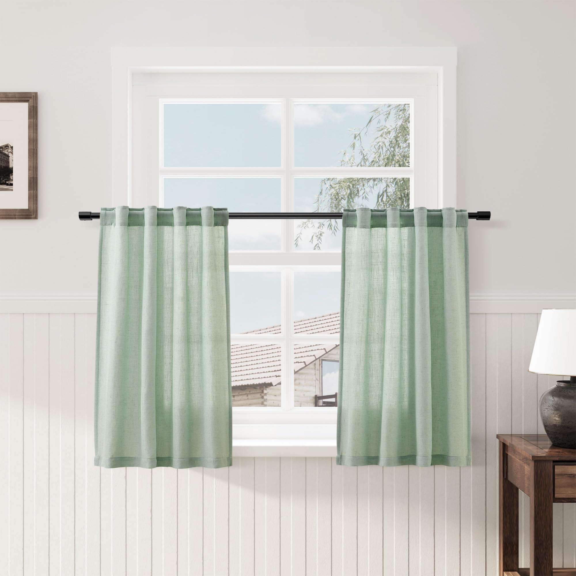 Aqua Green Linen Kitchen Curtains 36 Inch Length 2 Pack Light Filtering Semi Industrial Style Transparent Linen Blend Short Drap