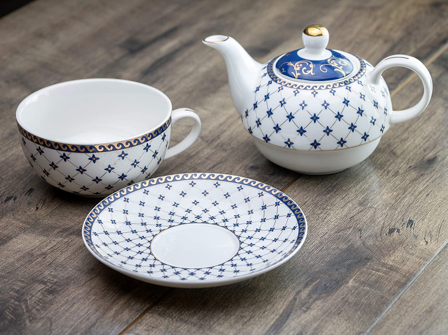Grace Teaware Porcelain 4-Piece Tea For One (Trellis Blue Gold)