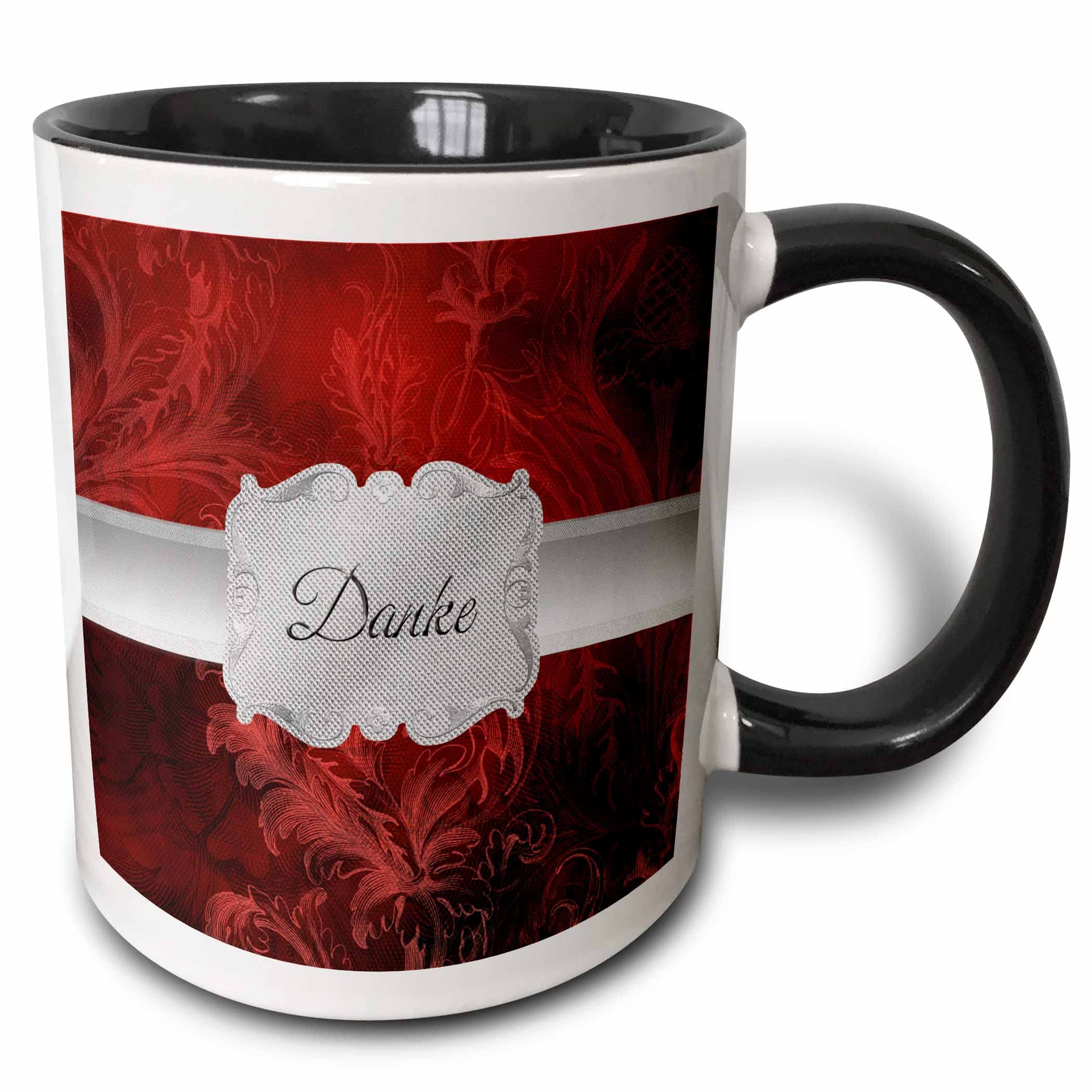 3dRose Lavish Red Leaf Print Thank You in German 11oz TwoTone Black Mug