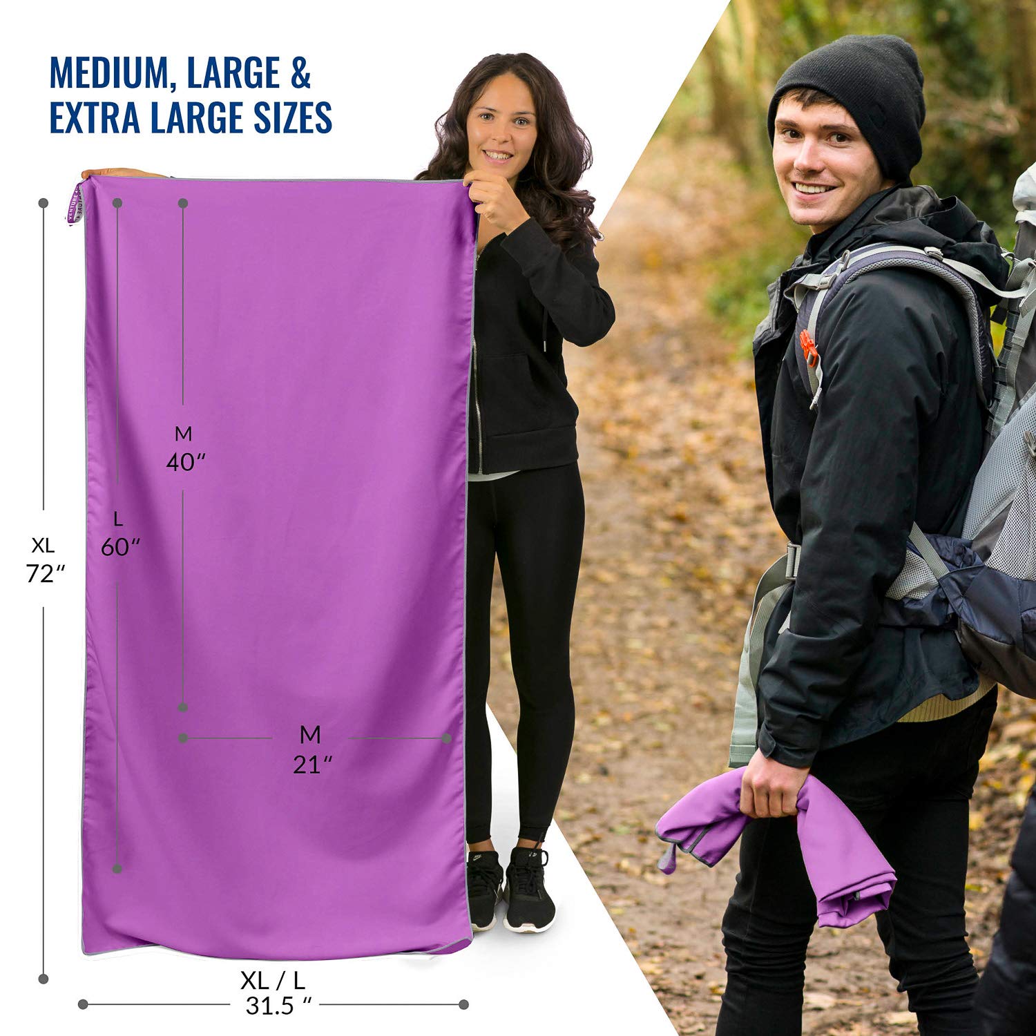 VENTURE 4TH Quick Dry Microfiber Towel - Odor Resistant  High Performance Towels for Gym  Camping  Travel  Yoga and Beach (Purple-Gray Large) - Includes Tear Resistant Bag