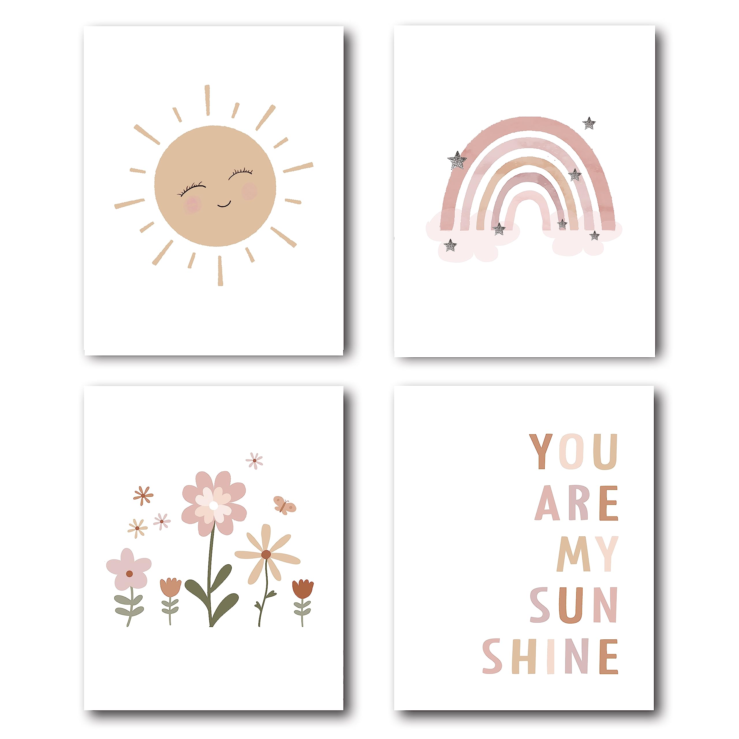 Xwelldan Boho Rainbow Sun Cloud Flower You Are My Sunshine Nursery Poster Wall Art Prints,Boho Gifts For Baby Girls,Bohemian Wal