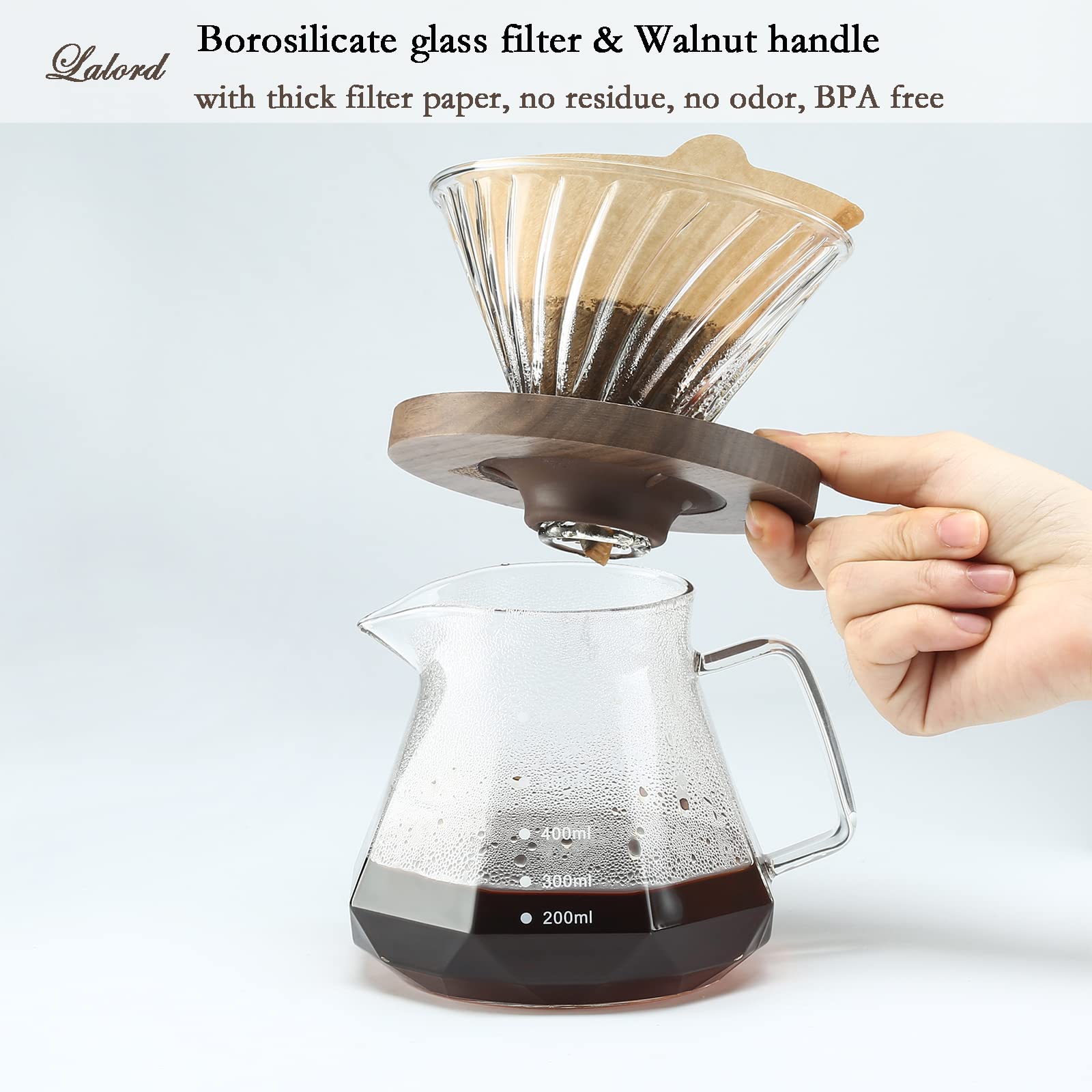Lalord Pour Over Coffee Maker, 20 Oz Borosilicate Glass Carafe With 100 Pcs V60 Paper Filter, Walnut Handle & Glass Lid, Drip Co