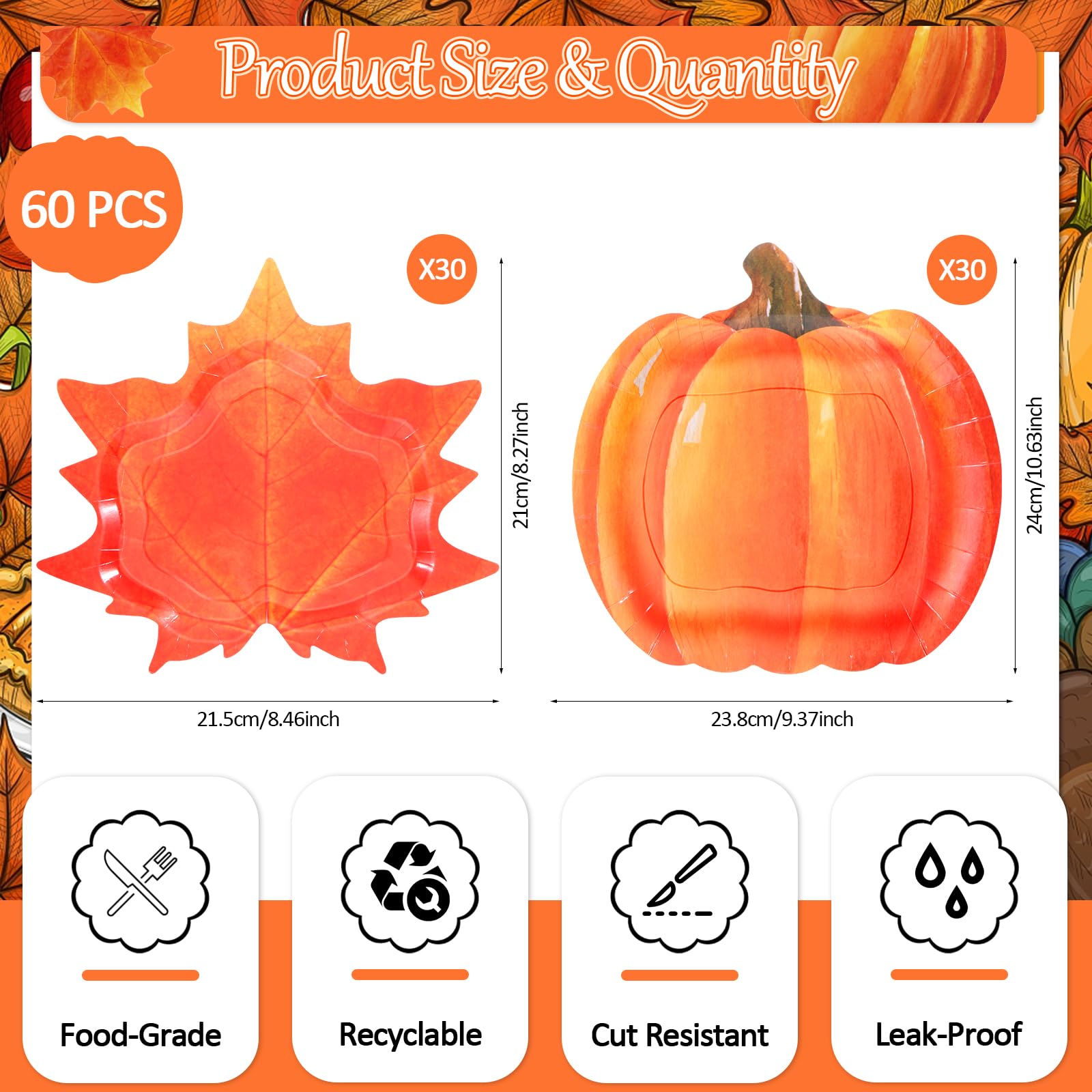 Piklodo 60 Pcs Fall Thanksgiving Paper Plates Autumn Disposable Dessert Party Plates 9 Inch Maple Leaf Pumpkin Plate Orange Pape