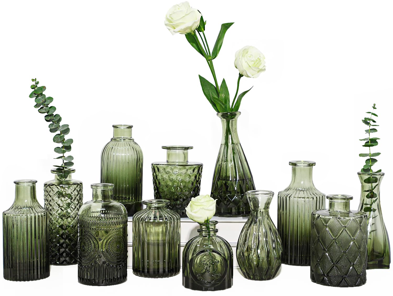 TBWIND 12pcs Glass Bud Vases Set, Small Vases for Flowers, Green Bud Vase for Centerpieces in Bulk, Mini Vintage Vase for Rustic