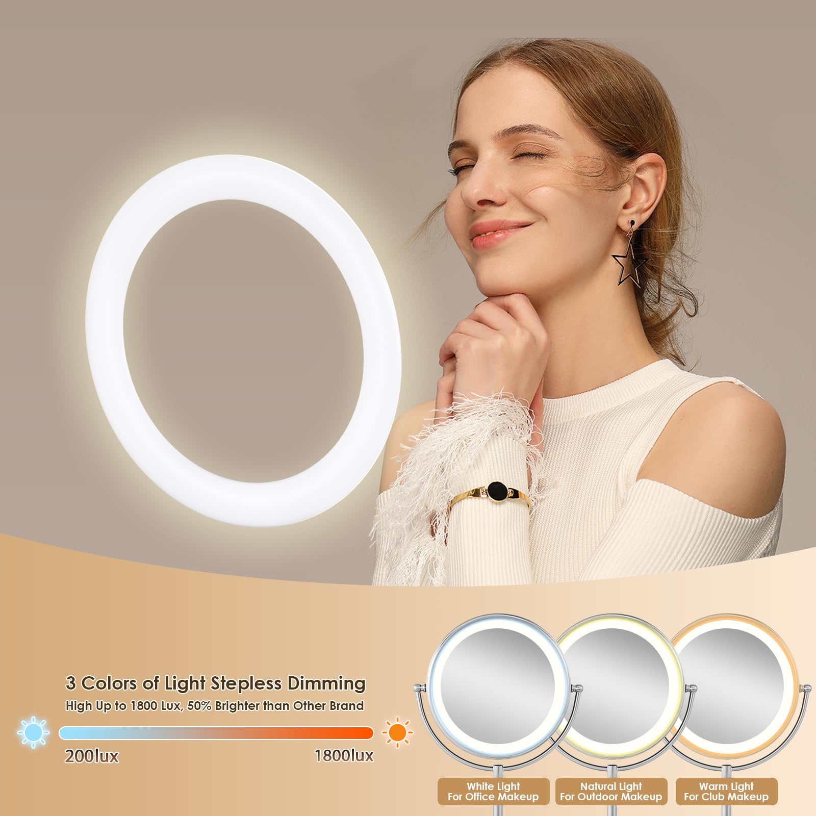 VESAUR 11" Lighted Makeup Mirror, 1X/5X Magnifying, 17" Tall, Pearl Nickel, Model D1003, 96 LEDs, 3 Color Modes
