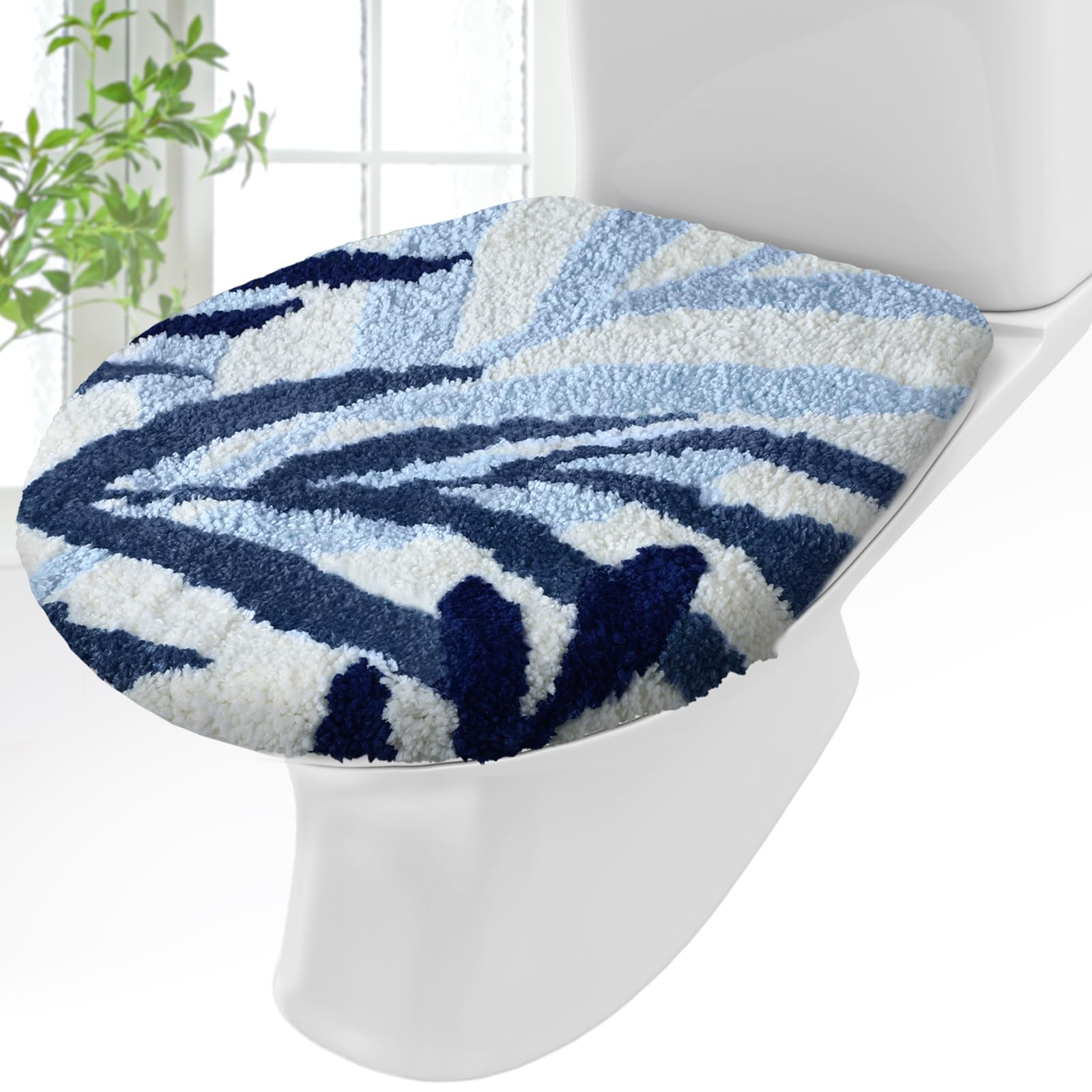 Mindsoft Blue Leaves Toilet Seat Covers Bathroom Toilet Lid Cover Soft Microfiber 17.5 x 15 Plush Tufted, Machine Washable, 