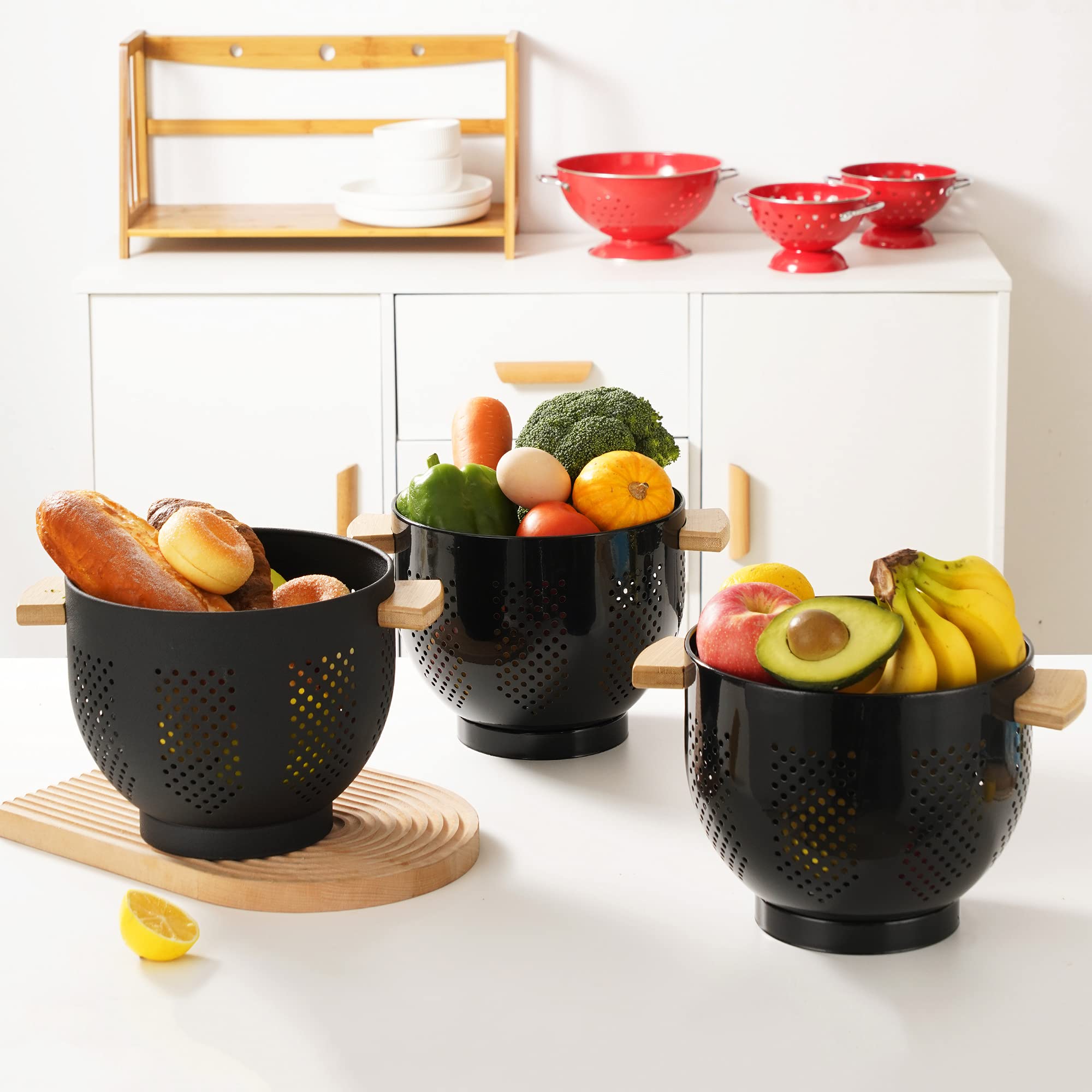 Metal Colander With Wood Handle And Stable Base, Powder Coated Steel Kitchen Strainer Basket For Draining Pasta, Vegetable And F