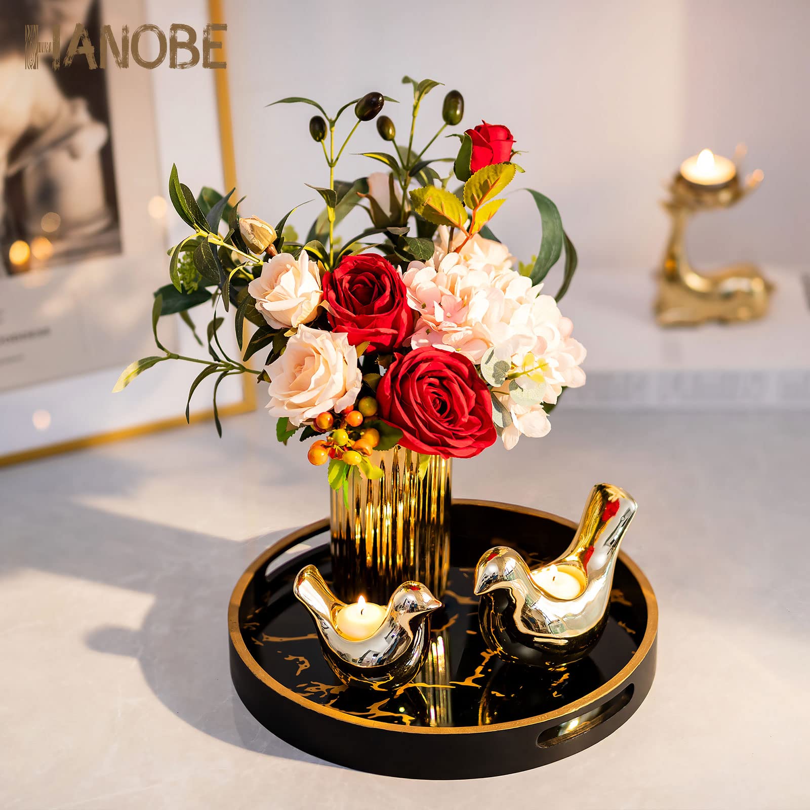 Hanobe Round Decorative Coffee Tray: Marble Pattern Serving Circle Tray With Handles Coffee Table Trays For Living Room Bar Drin