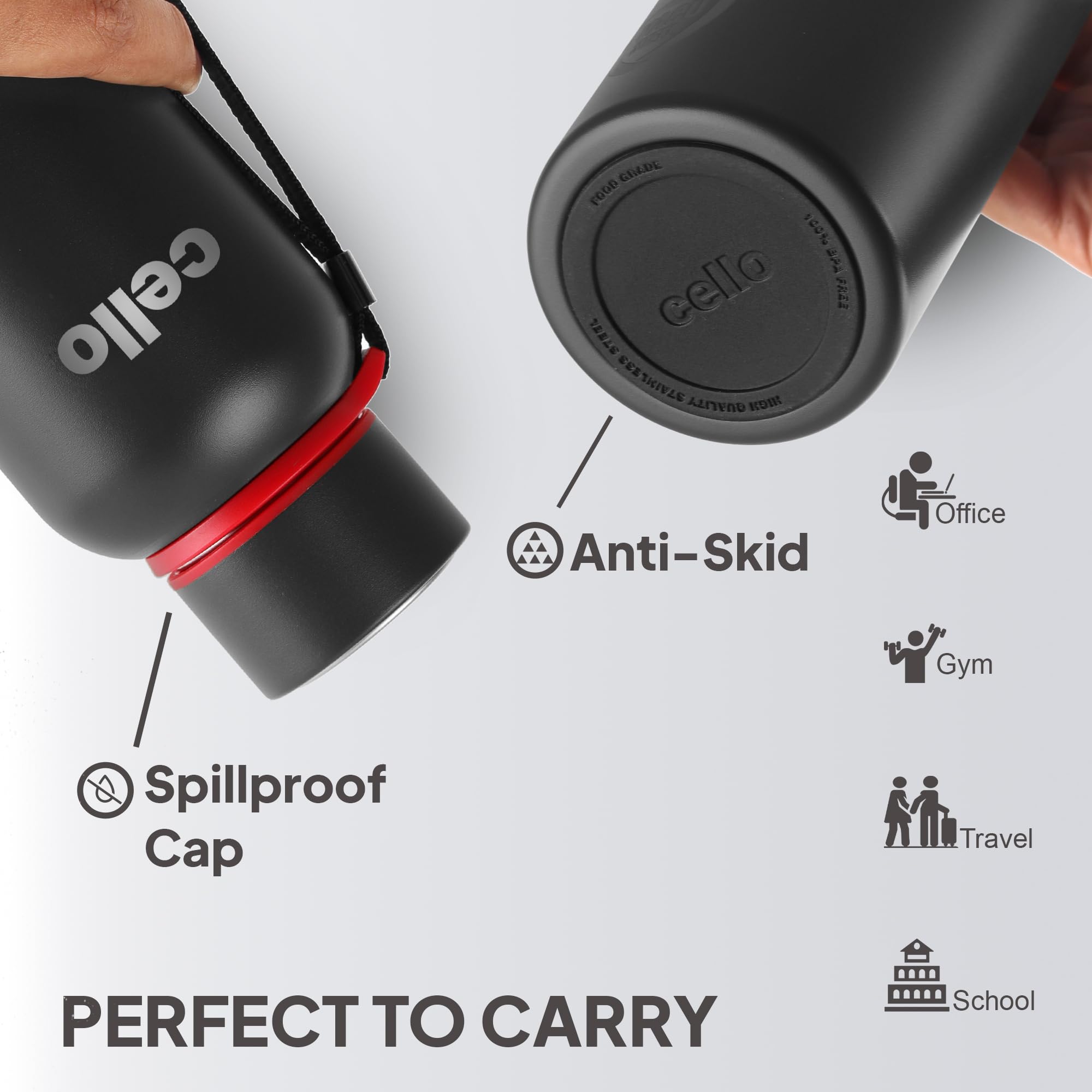 Cello Duro Kent Thermosteel Flask with DTP Coating, 550ml, Black | 24 Hours Hot and Cold Stainless Steel Bottle | Flask for Tea