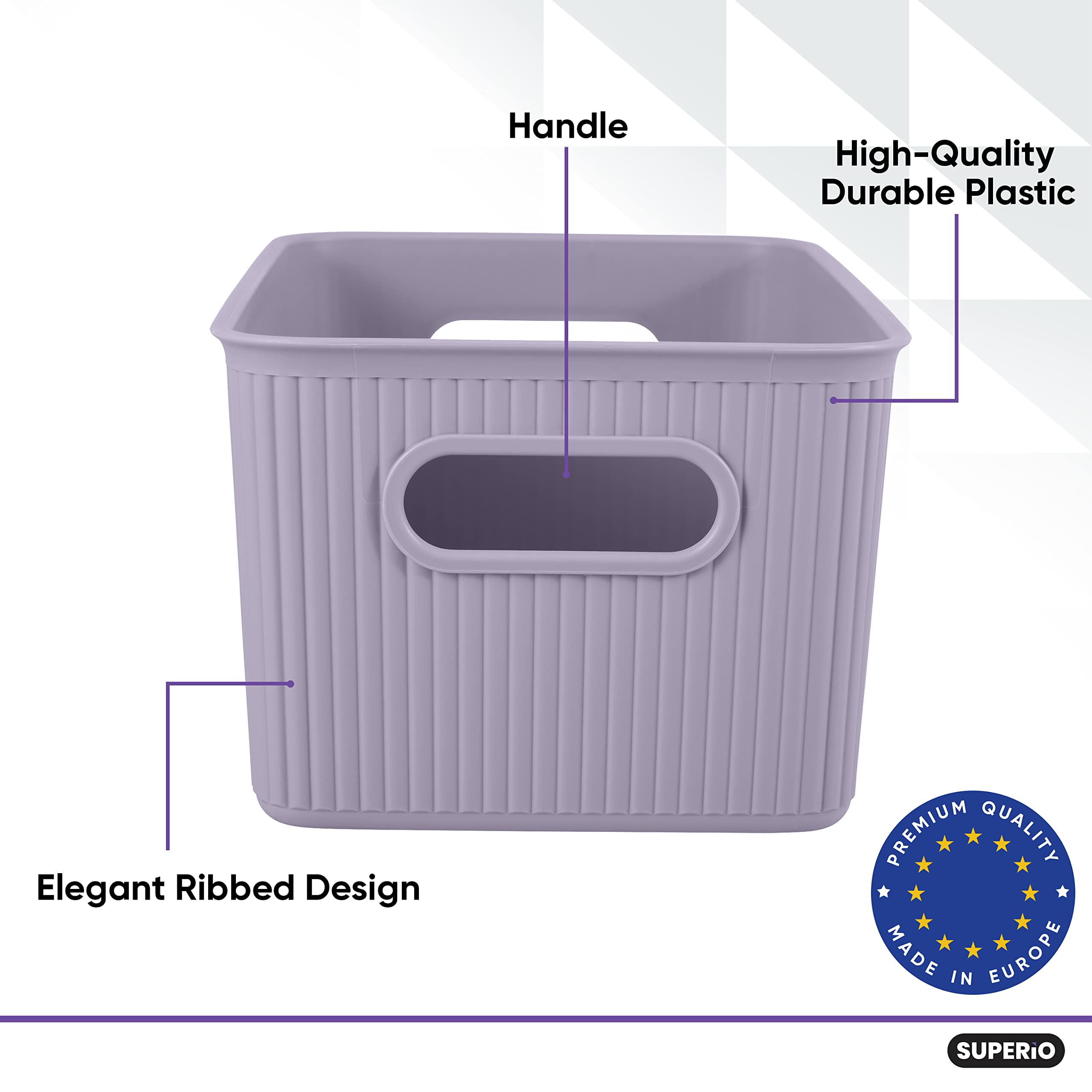 Superio Ribbed Collection - Decorative Plastic Lidded Home Storage Bins Organizer Baskets, Medium Lilac Purple (1 Pack - 5 Liter