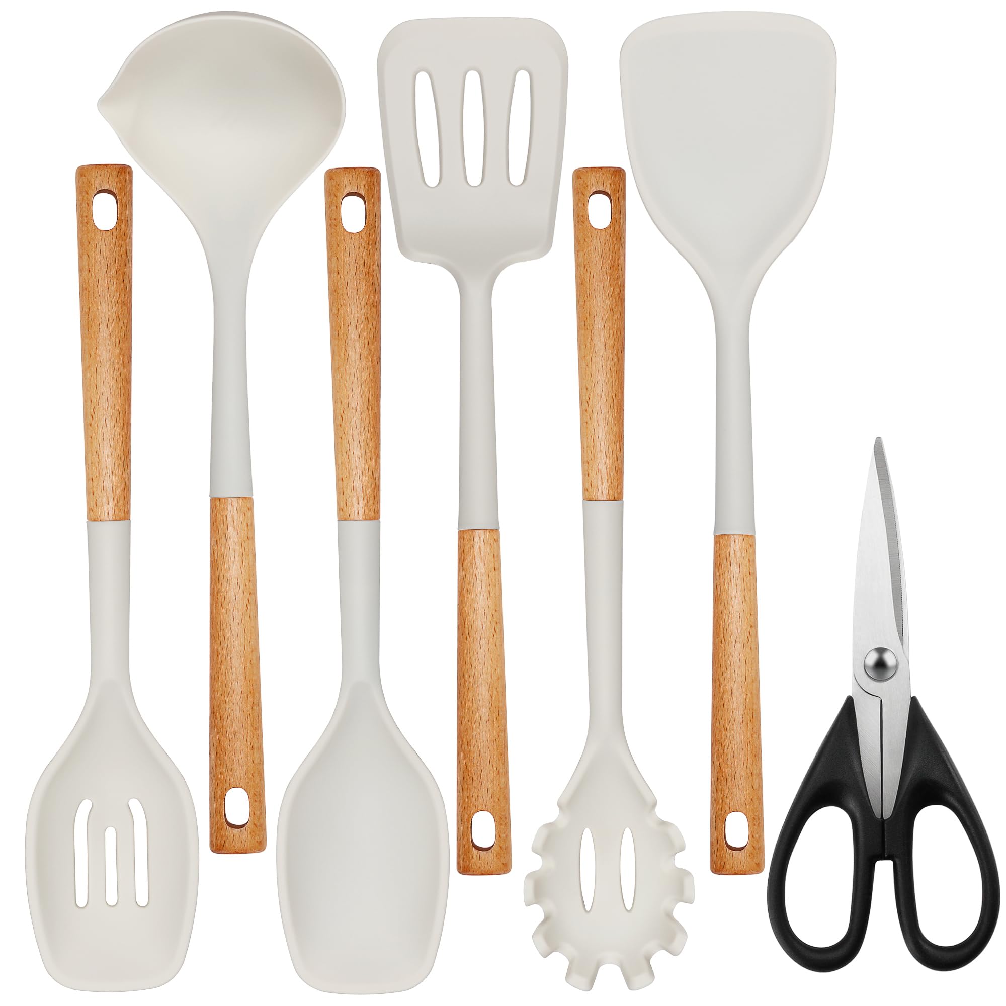 Qmvess Large Silicone Cooking Utensils Set 7 Pcs Heat Resistant Kitchen Utensils Set Food Grade Silicone And Wooden Handles Spat