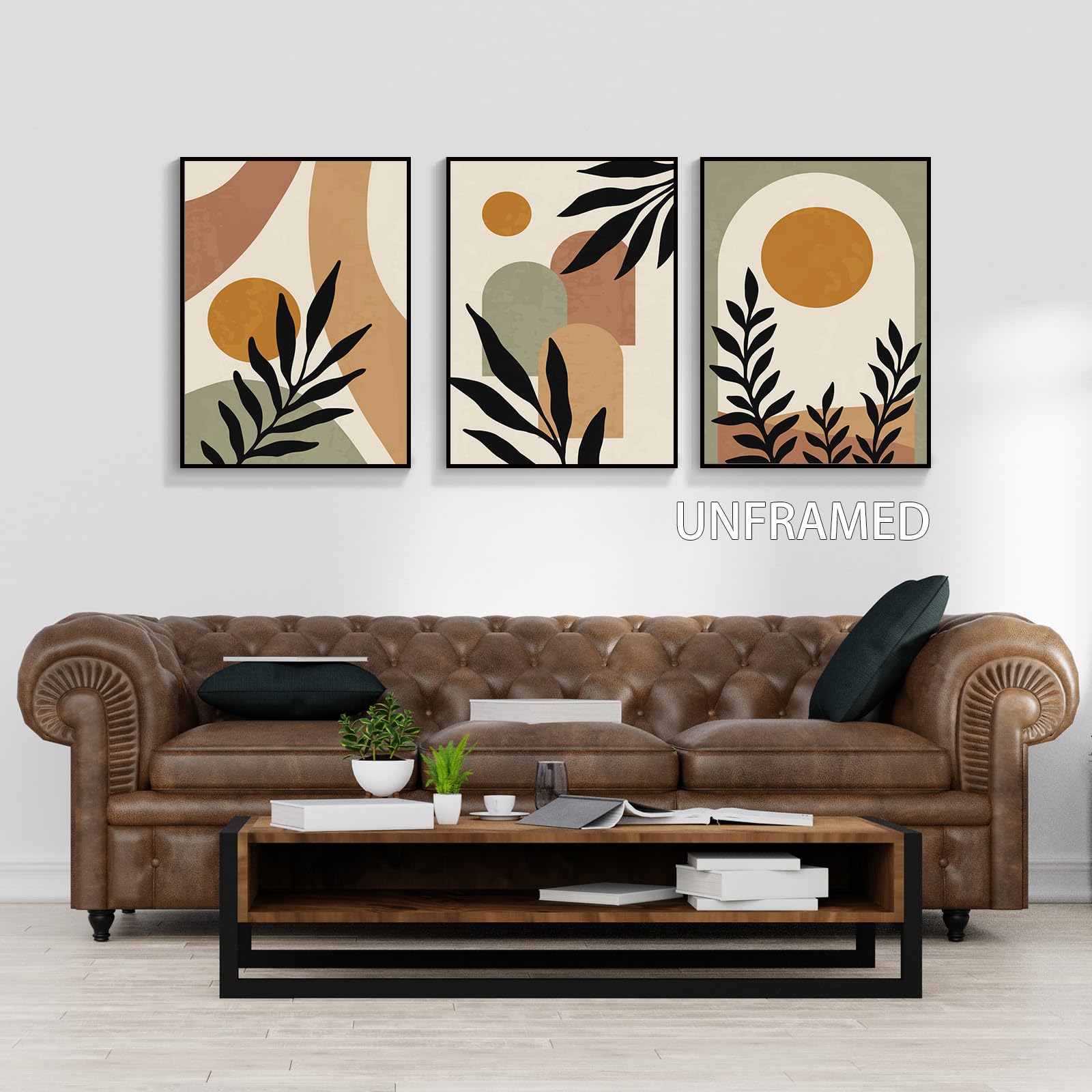 Dfaiuy Minimalist Boho Abstract Canvas Wall Art Mid-Century Modern Beige Set Of 3 Poster Neutral Geometric Line Sun Floral Print