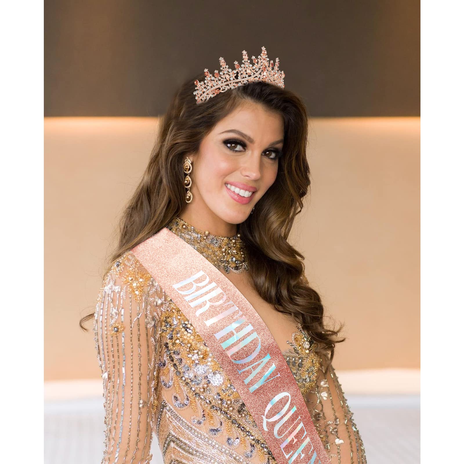 Birthday Sash And Tiara For Women Rose Gold Glitter Crystal Tiara & ''Birthday Queen'' Sash Set Birthday Crown And Sash For Girl