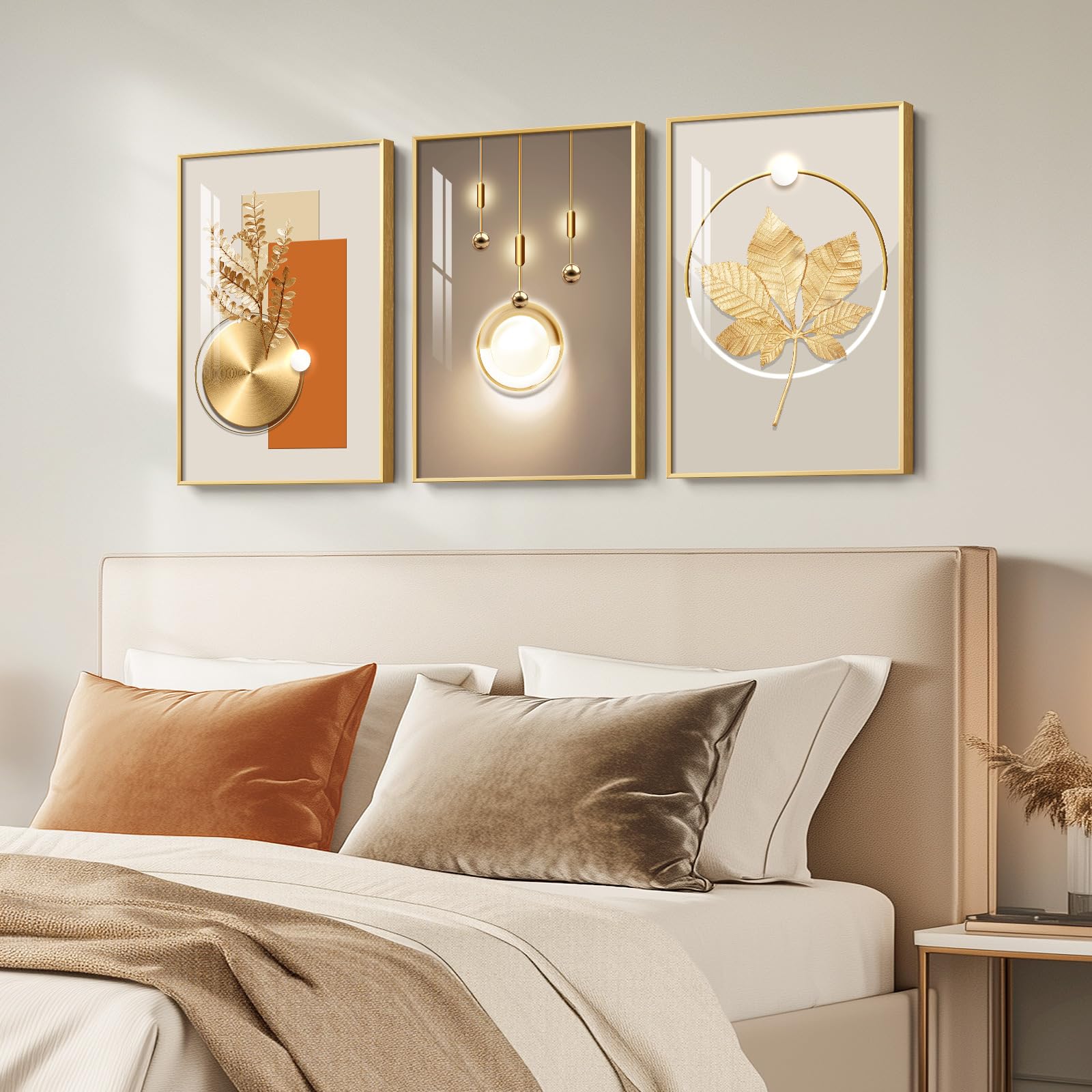 Framed Modern Luxury Gold Wall Art, Set Of 3 Piece Contemporary Paintings Artwork For Walls, Golden Prints Pictures With Gold Fr