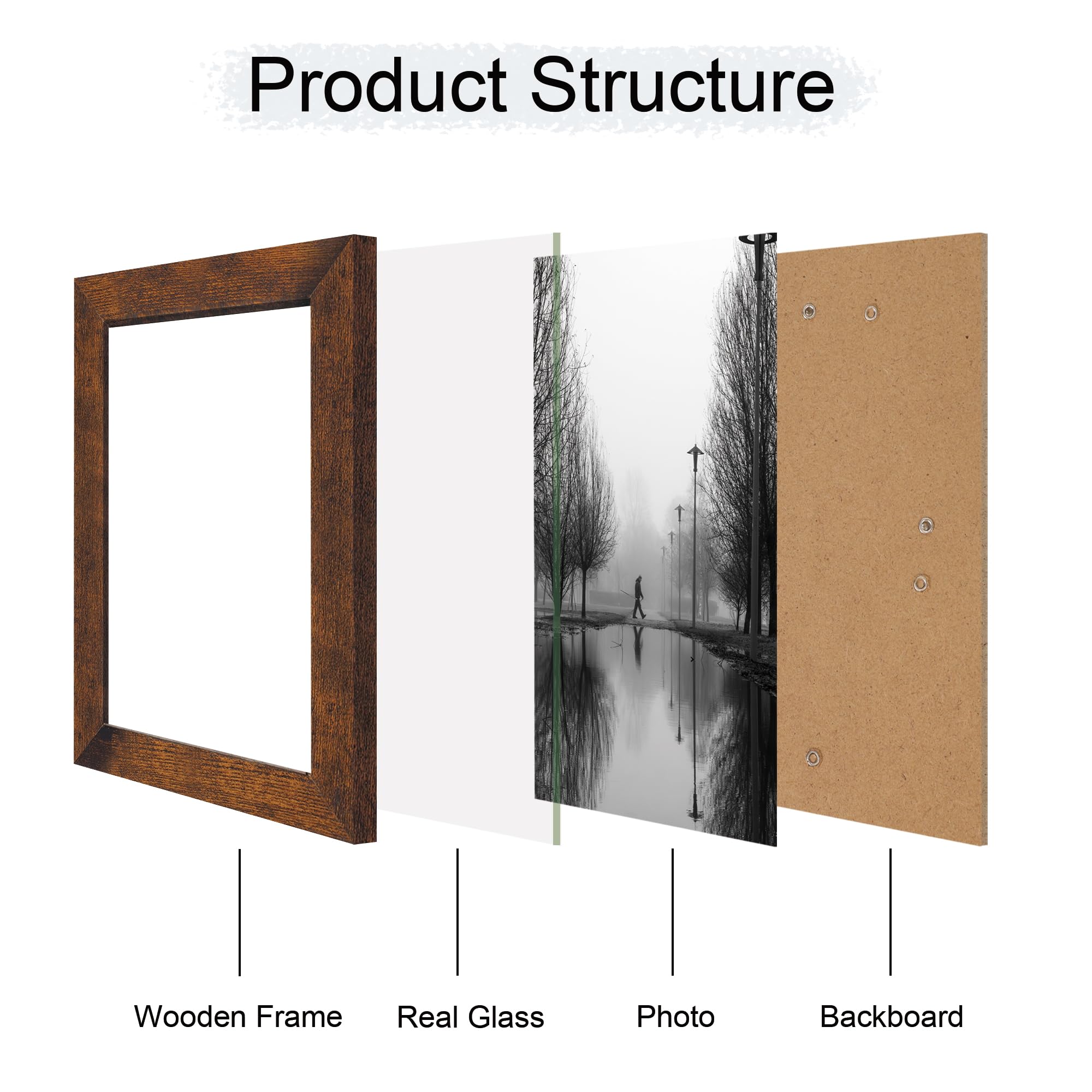 iRahmen 6x9 Picture Frame Set of 4, High Definition Real Glass Rustic Frame, 6 x 9 Wood Photo Frames for Tabletop Display and Wa