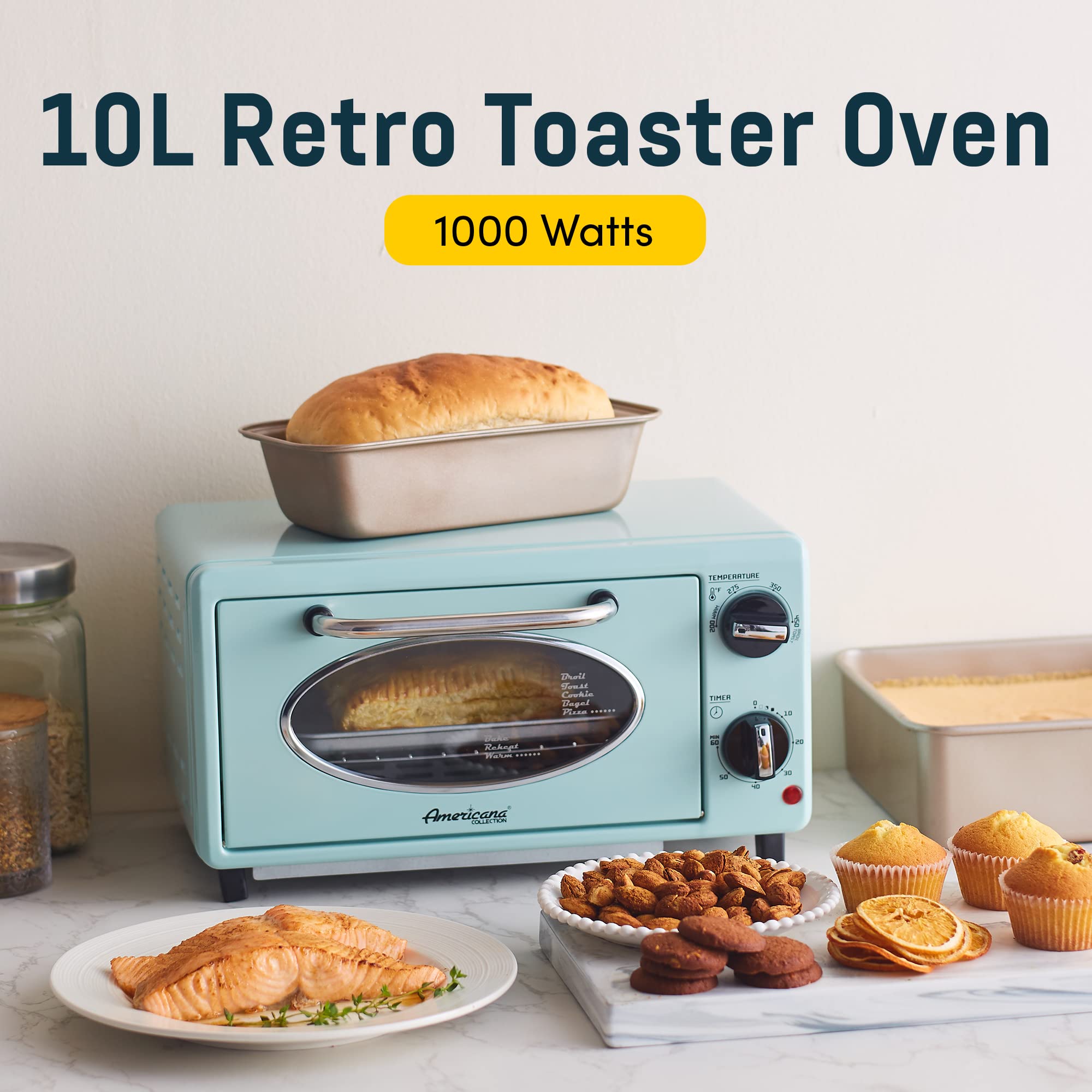 Elite Gourmet ETO147M Retro 50’s Toaster Oven, 2 Slice, 10L, Mint, Adjustable Timer & Temperature Control, Fits 8” Pizza, 1000W